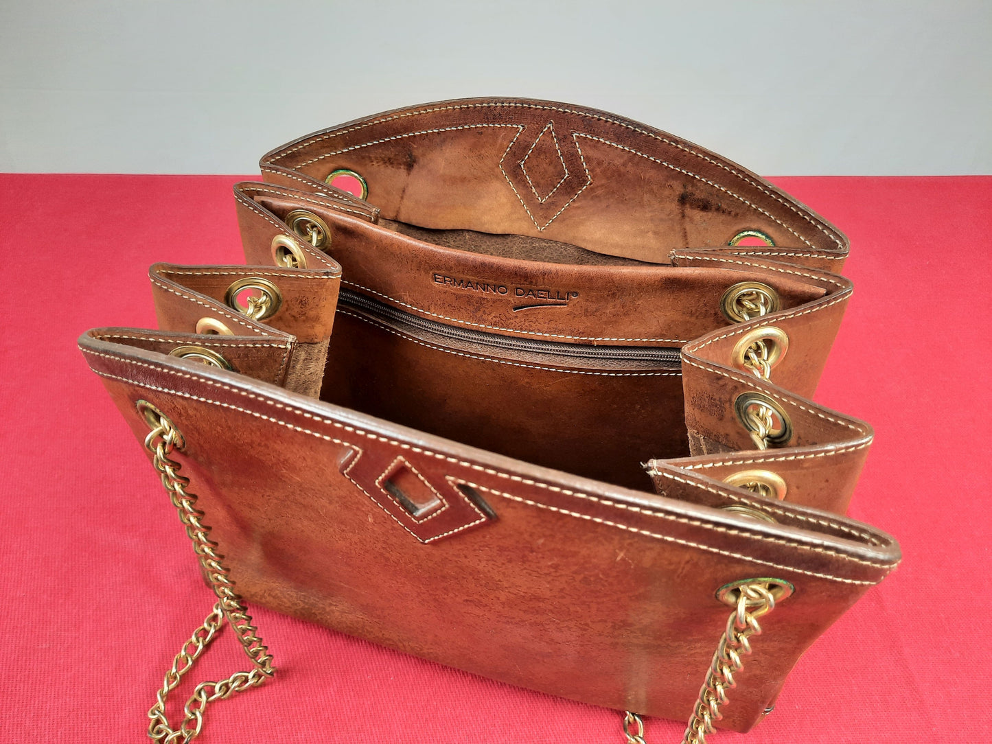 ERMANNO DAELLI Brown Leather Chain Hinge Women Bag, V.Good 8/10