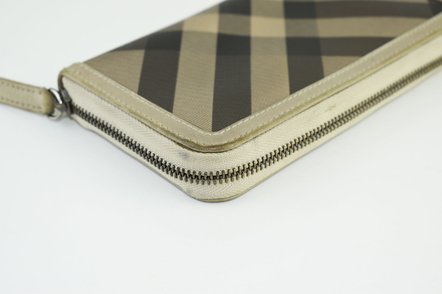 Burberry Grey Smoked Check PVC And Leather Zip Around Women Wallet 19cm, V.Good 7/10