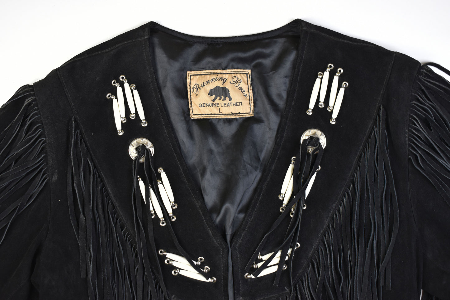 Running Bear Black Suede Western Motorcycle Jacket Size L, V.Good 8/10