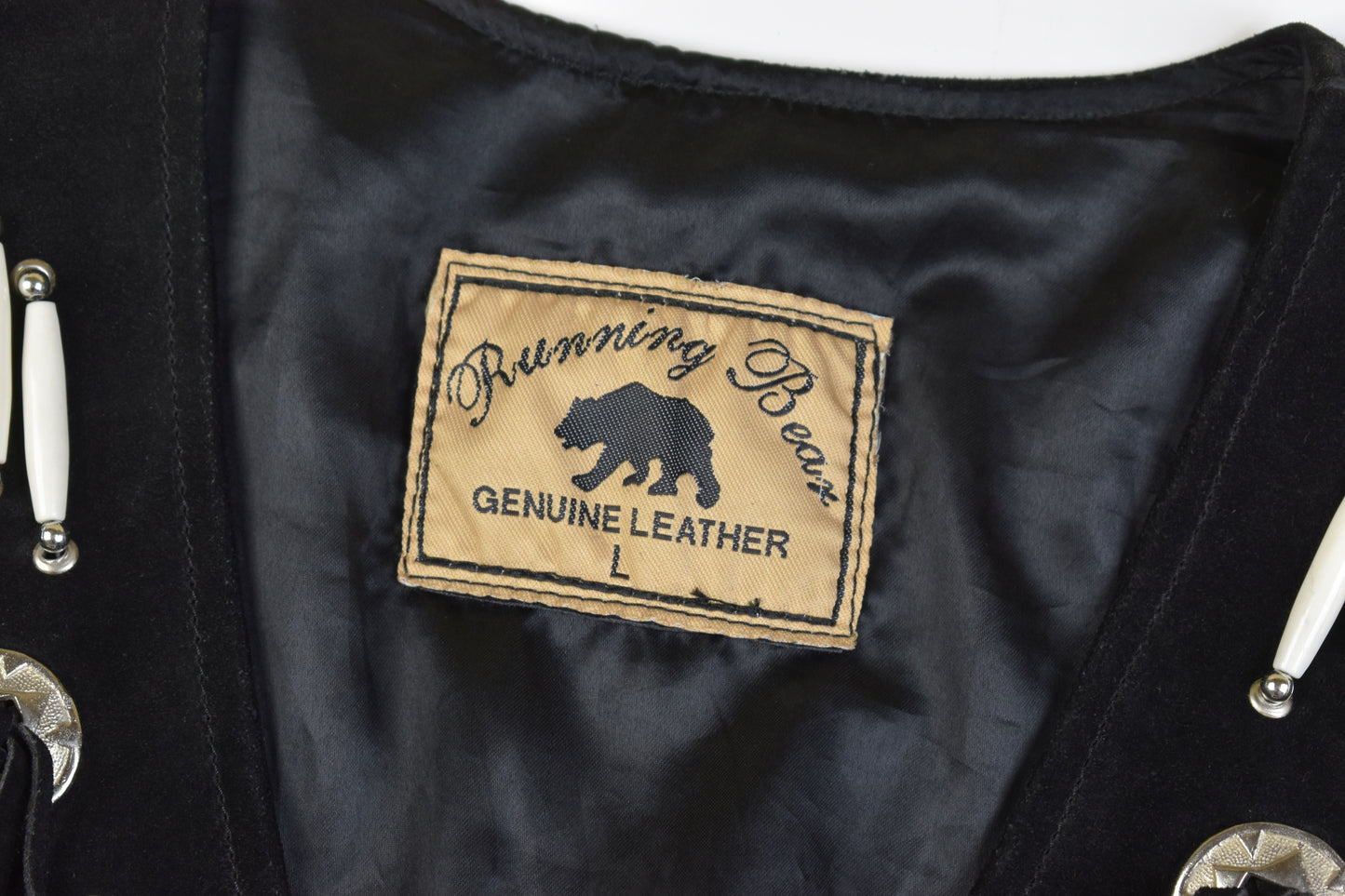 Running Bear Black Suede Western Motorcycle Jacket Size L, V.Good 8/10