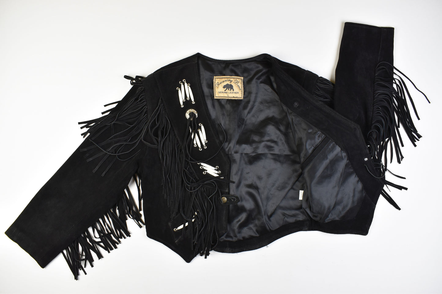 Running Bear Black Suede Western Motorcycle Jacket Size L, V.Good 8/10