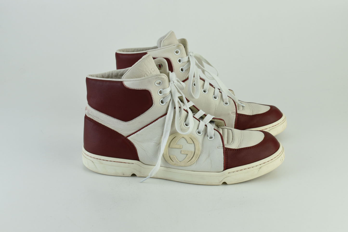 Gucci GG 363731 Interlocking white & burgundy Leather High Top Men Sneakers, Size EU 40.5, Good 6/10