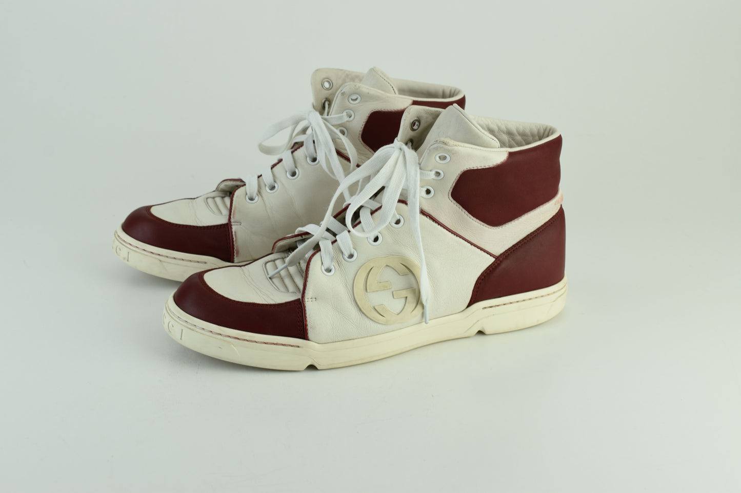 Gucci GG 363731 Interlocking white & burgundy Leather High Top Men Sneakers, Size EU 40.5, Good 6/10