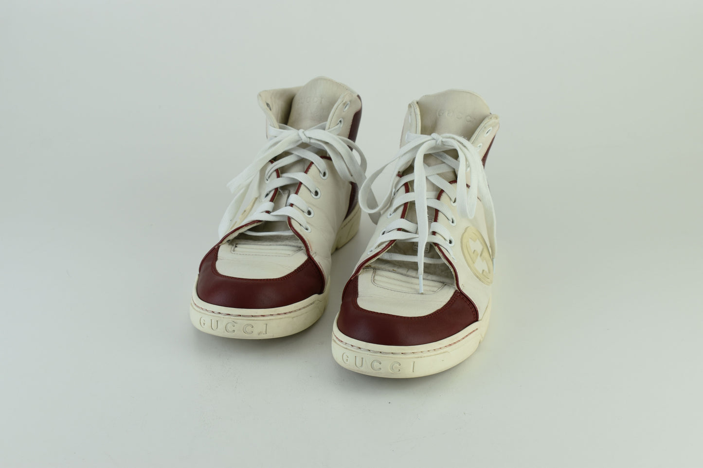 Gucci GG 363731 Interlocking white & burgundy Leather High Top Men Sneakers, Size EU 40.5, Good 6/10
