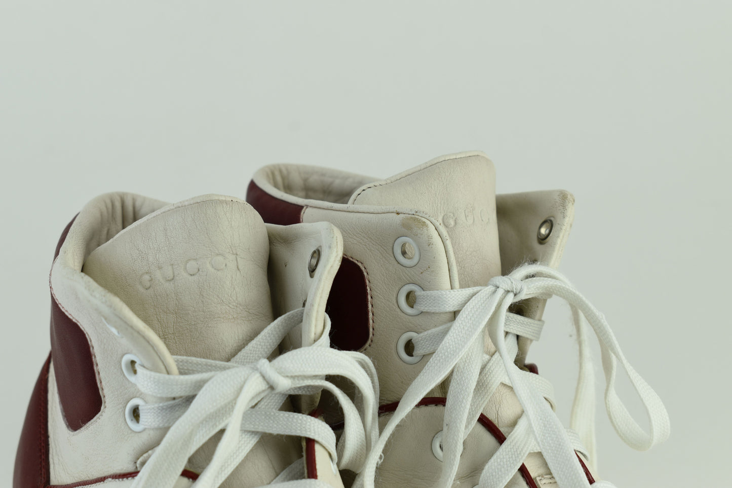 Gucci GG 363731 Interlocking white & burgundy Leather High Top Men Sneakers, Size EU 40.5, Good 6/10