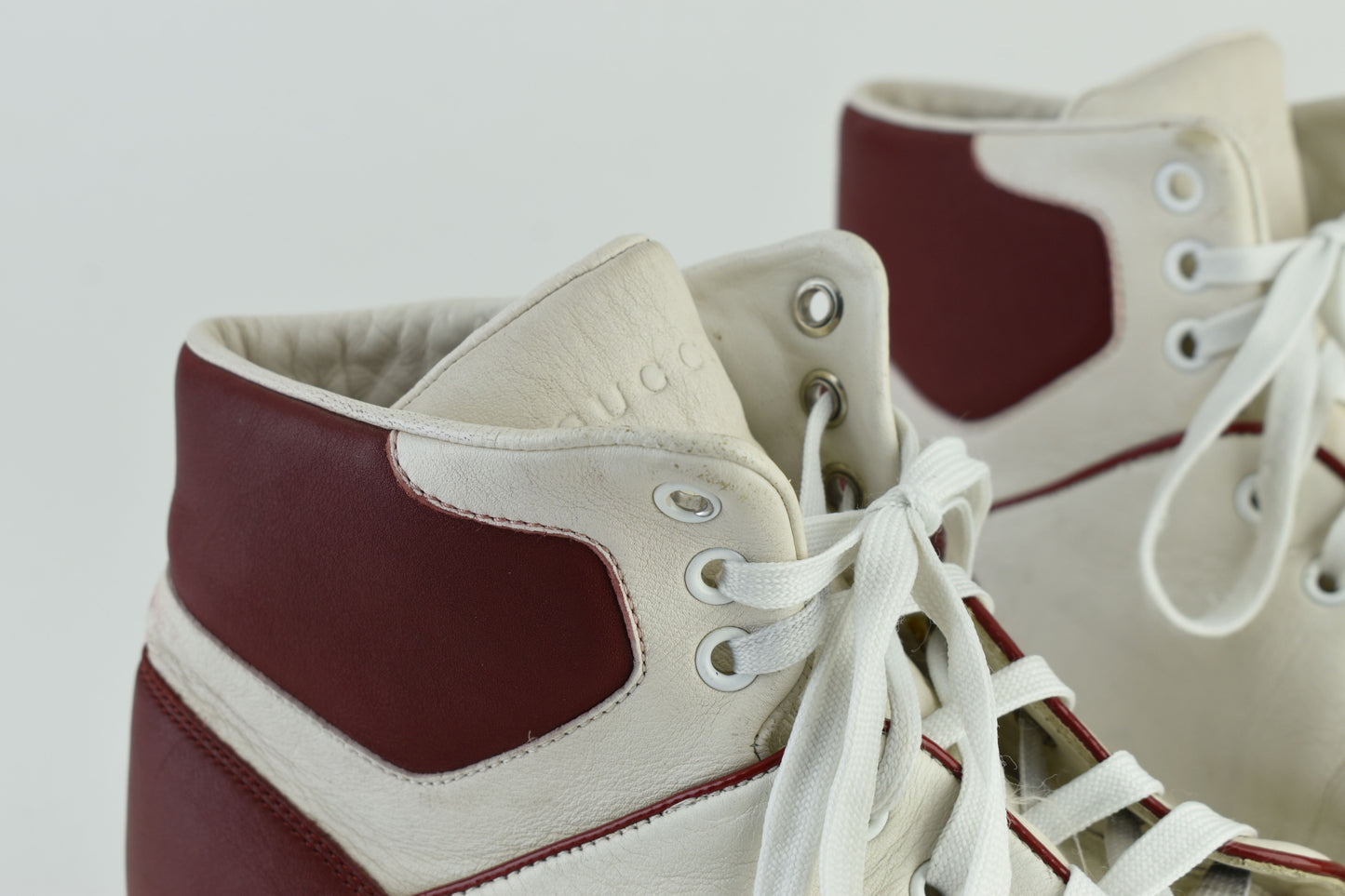 Gucci GG 363731 Interlocking white & burgundy Leather High Top Men Sneakers, Size EU 40.5, Good 6/10