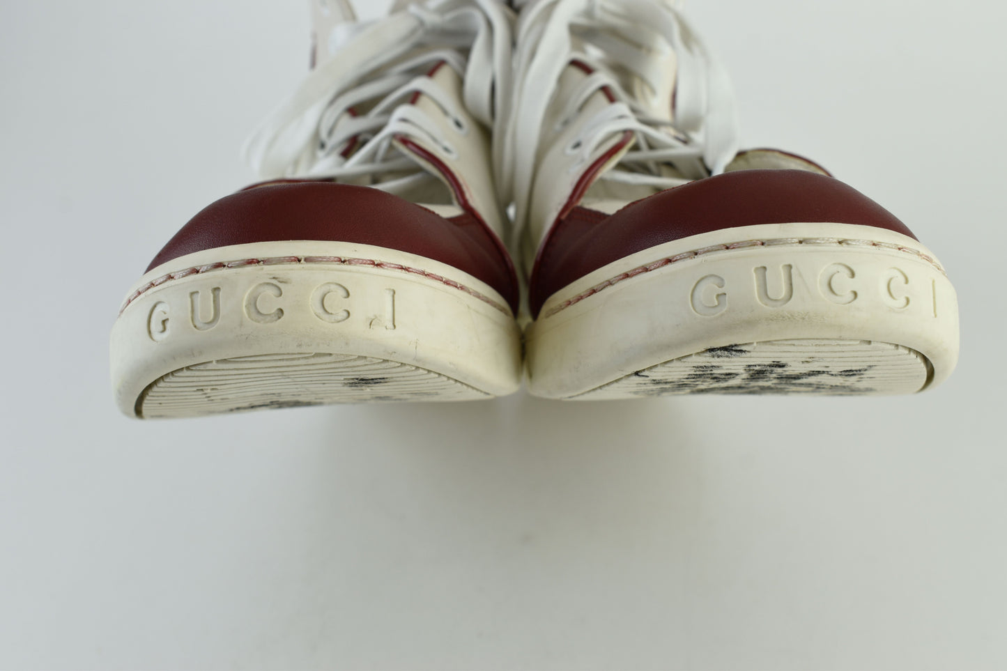 Gucci GG 363731 Interlocking white & burgundy Leather High Top Men Sneakers, Size EU 40.5, Good 6/10
