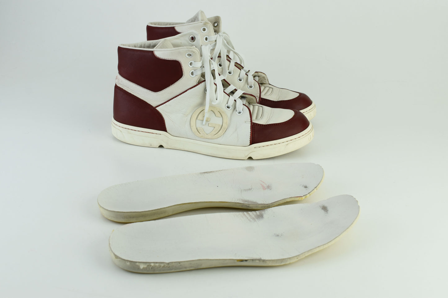 Gucci GG 363731 Interlocking white & burgundy Leather High Top Men Sneakers, Size EU 40.5, Good 6/10
