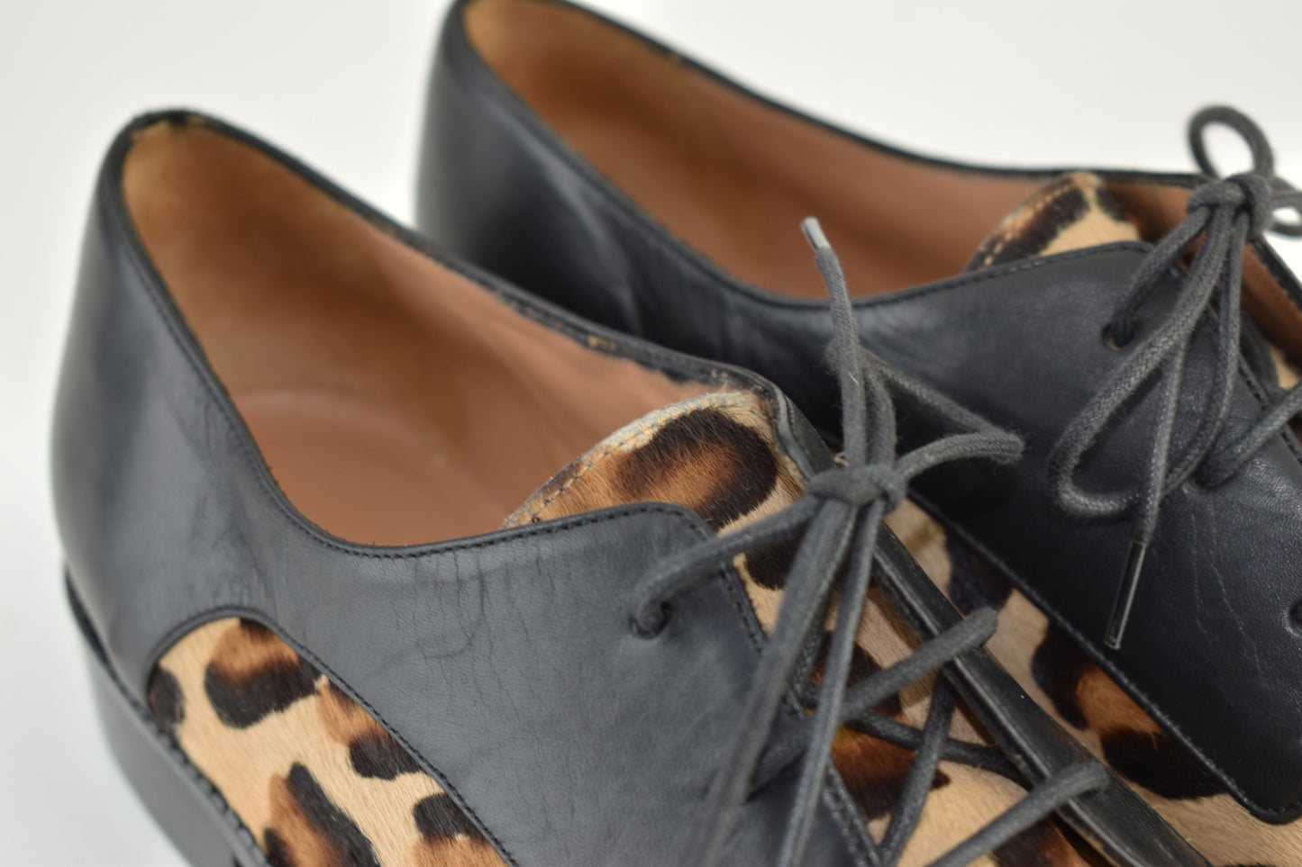 CAREL Leather Lace Up Leopard Print Women Derby Black Size EU 40.5, Excellent 9/10