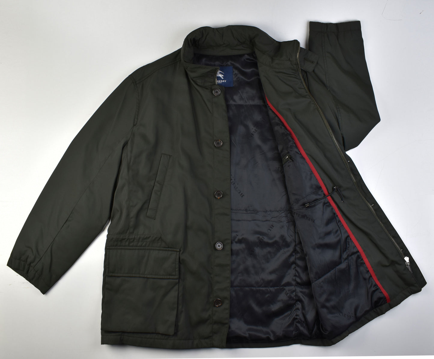 Burberry Lined Nylon Pocket Green Hidden Hood Men Jacket Size 56, V.Good 8/10