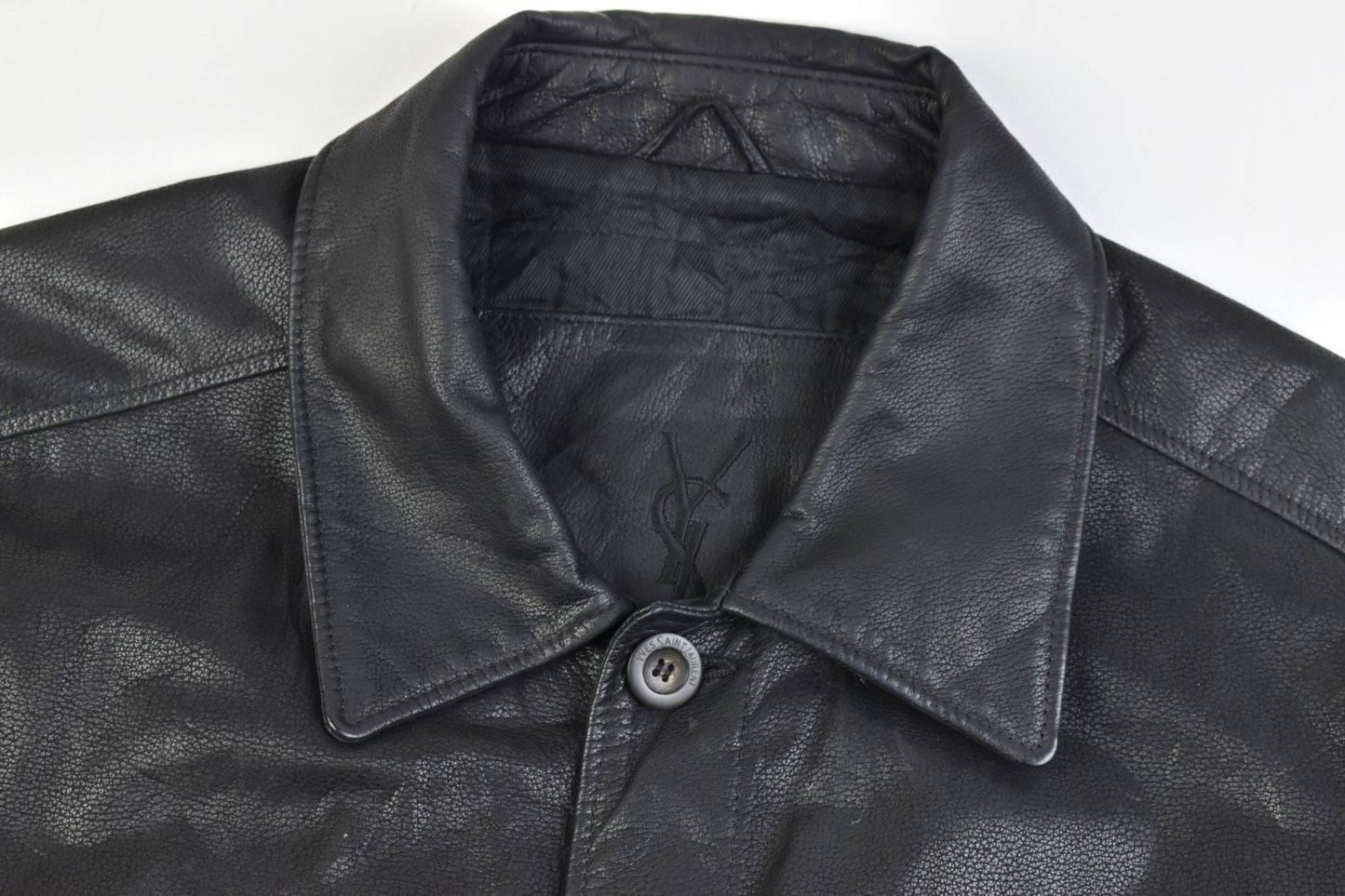 Yves Saint Laurent Black Leather Man's Jacket Coat, Size EU 58, V.Good 8/10