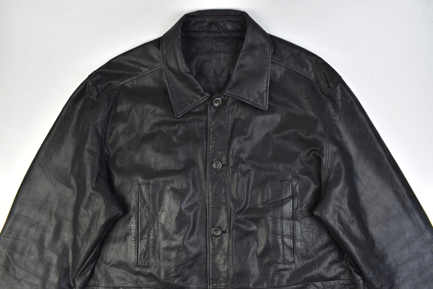 Yves Saint Laurent Black Leather Man's Jacket Coat, Size EU 58, V.Good 8/10