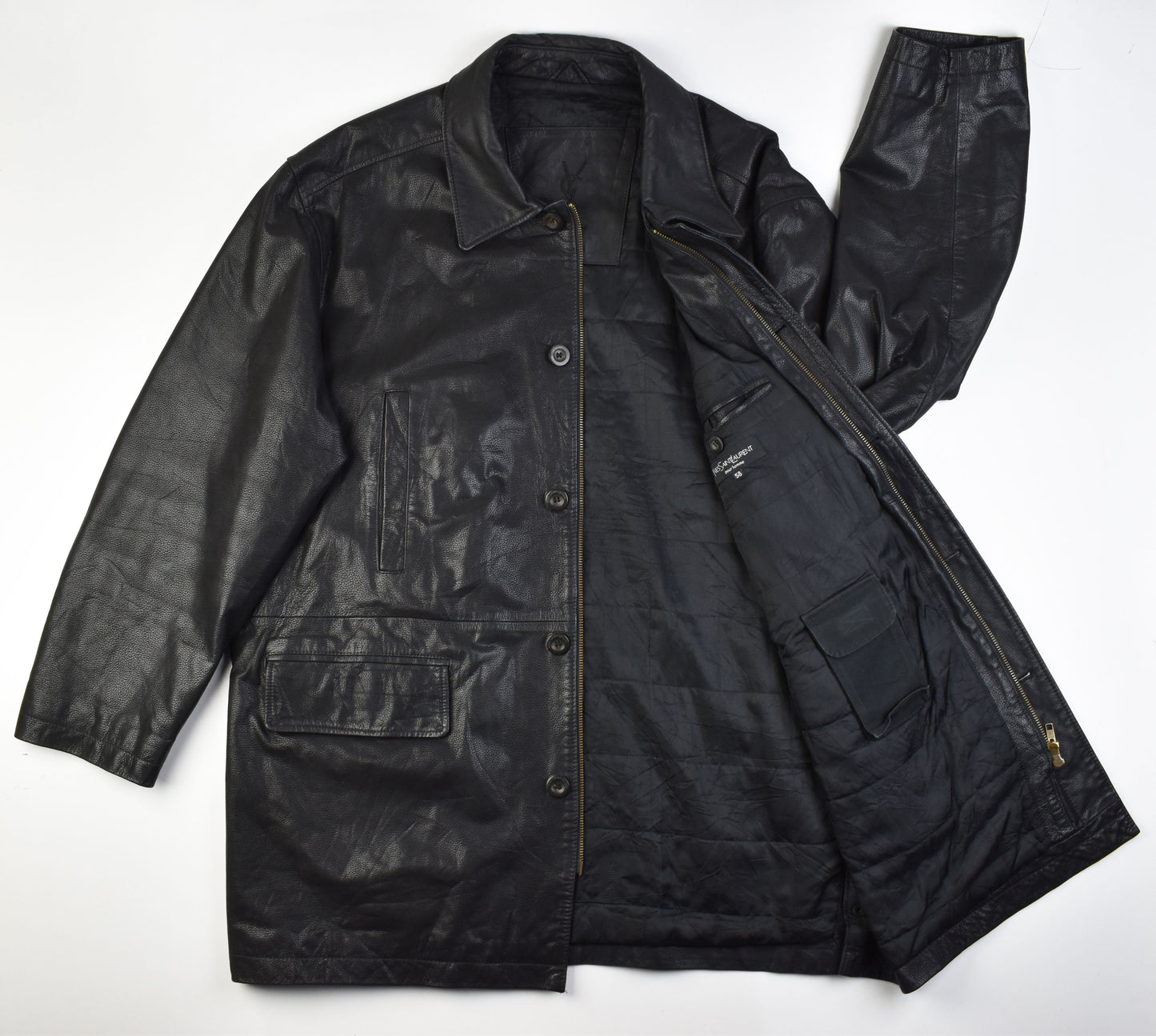 Yves Saint Laurent Black Leather Man's Jacket Coat, Size EU 58, V.Good 8/10