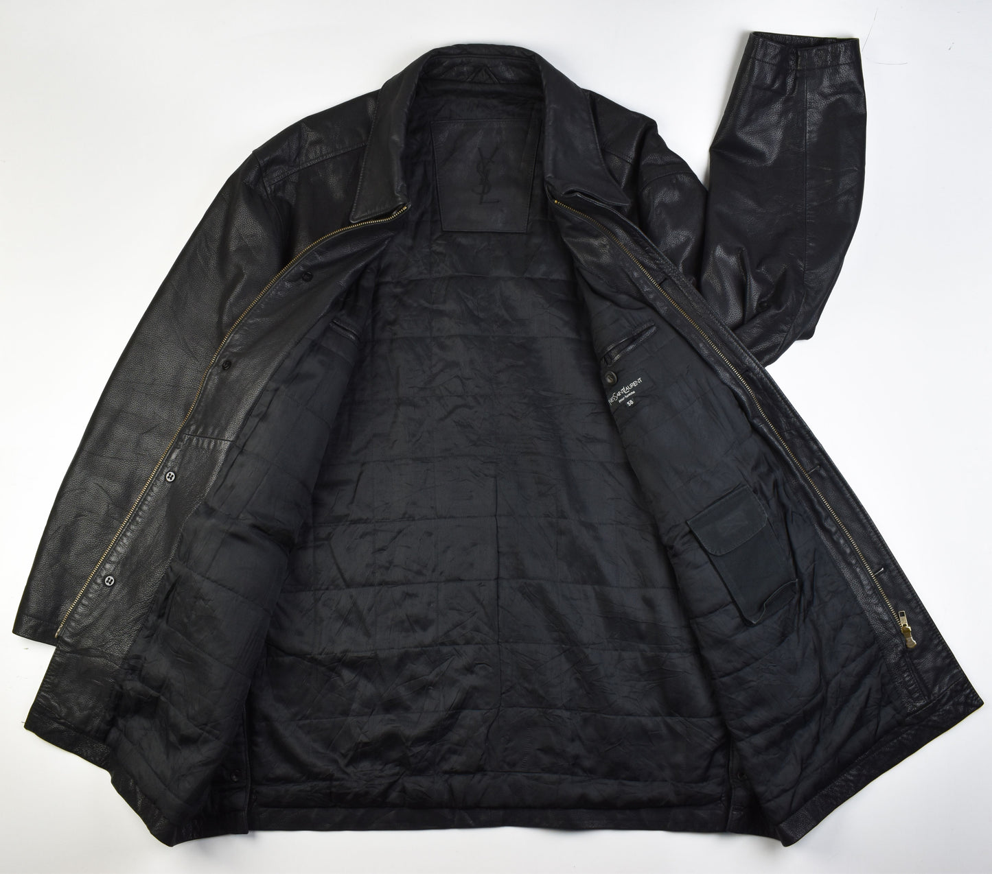Yves Saint Laurent Black Leather Man's Jacket Coat, Size EU 58, V.Good 8/10