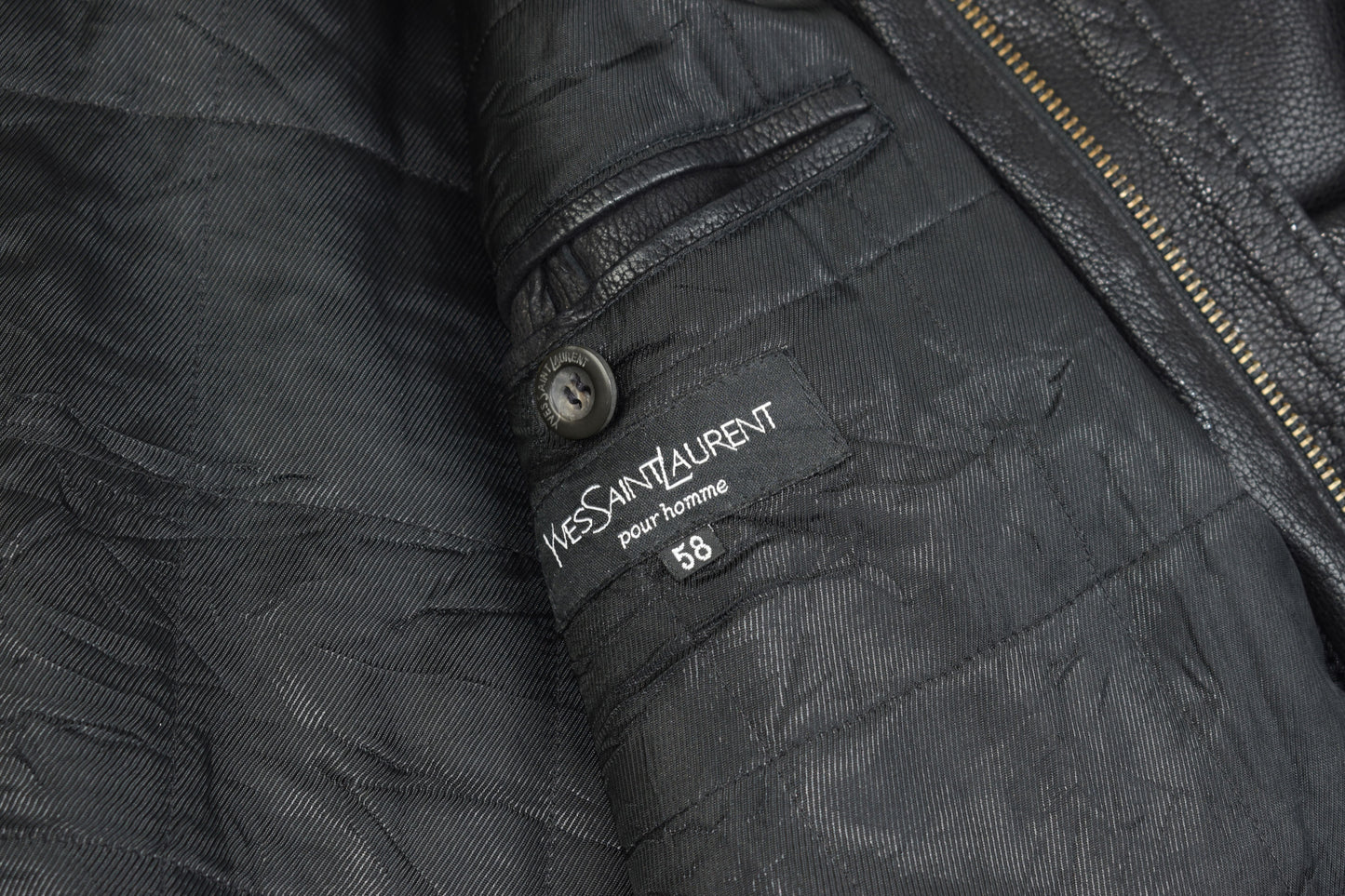 Yves Saint Laurent Black Leather Man's Jacket Coat, Size EU 58, V.Good 8/10