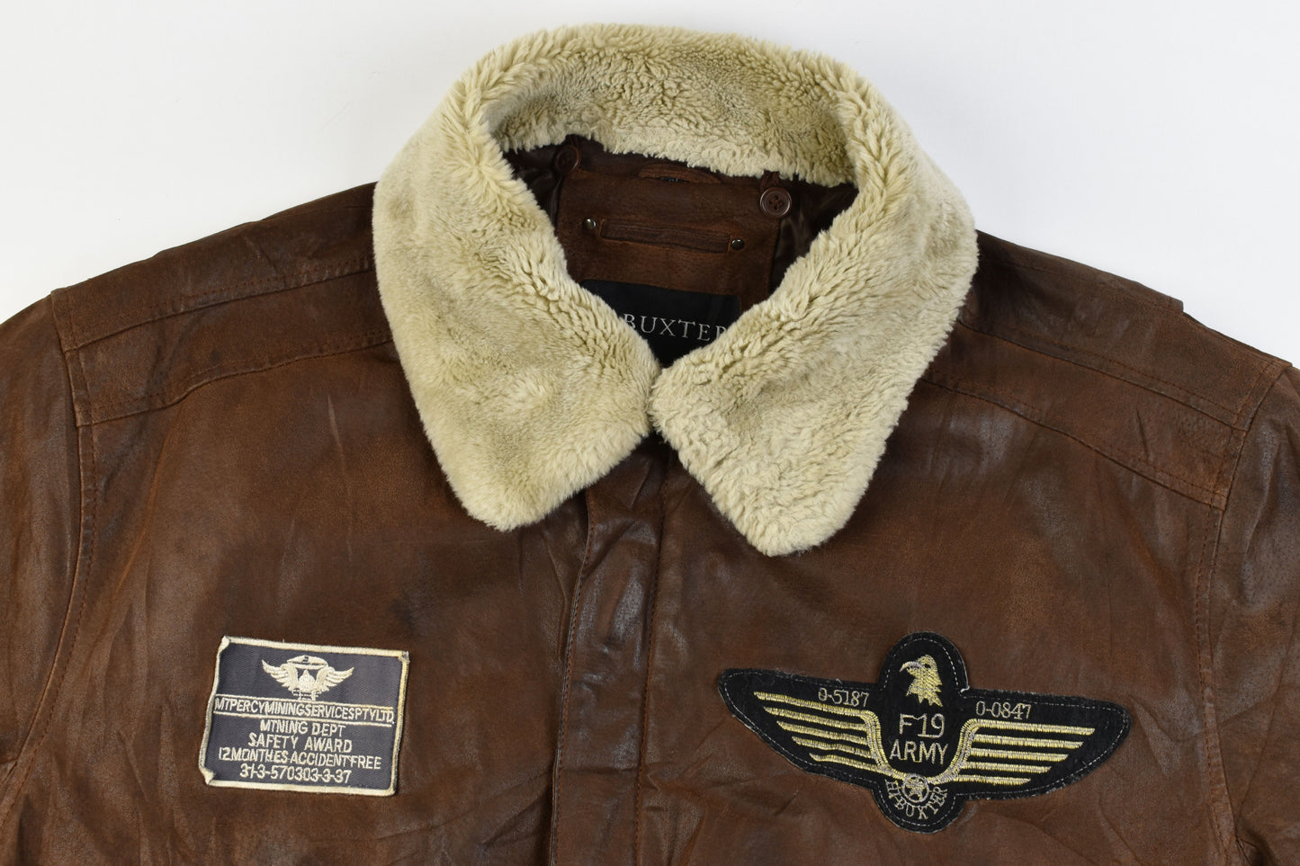 Hi-Buxter F19 Army Pilot bomber Men Leather Jacket Detachable Collar, Size XL, V.Good 7/10