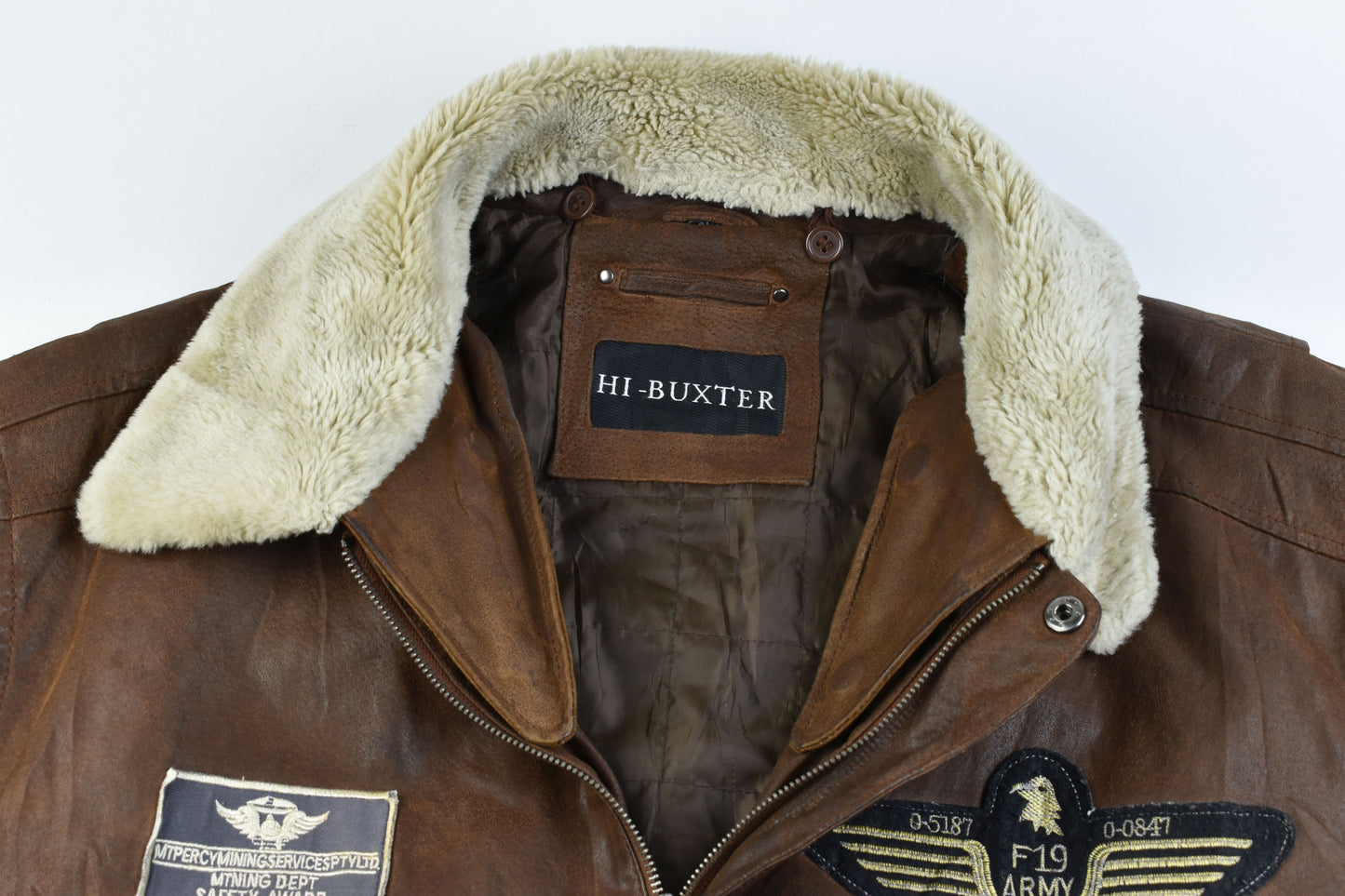 Hi-Buxter F19 Army Pilot bomber Men Leather Jacket Detachable Collar, Size XL, V.Good 7/10