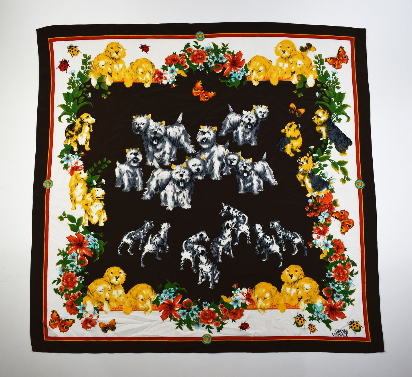 GIANNI VERSACE Puppy Garden 100% silk scarf Paris France, Excellent 9/10