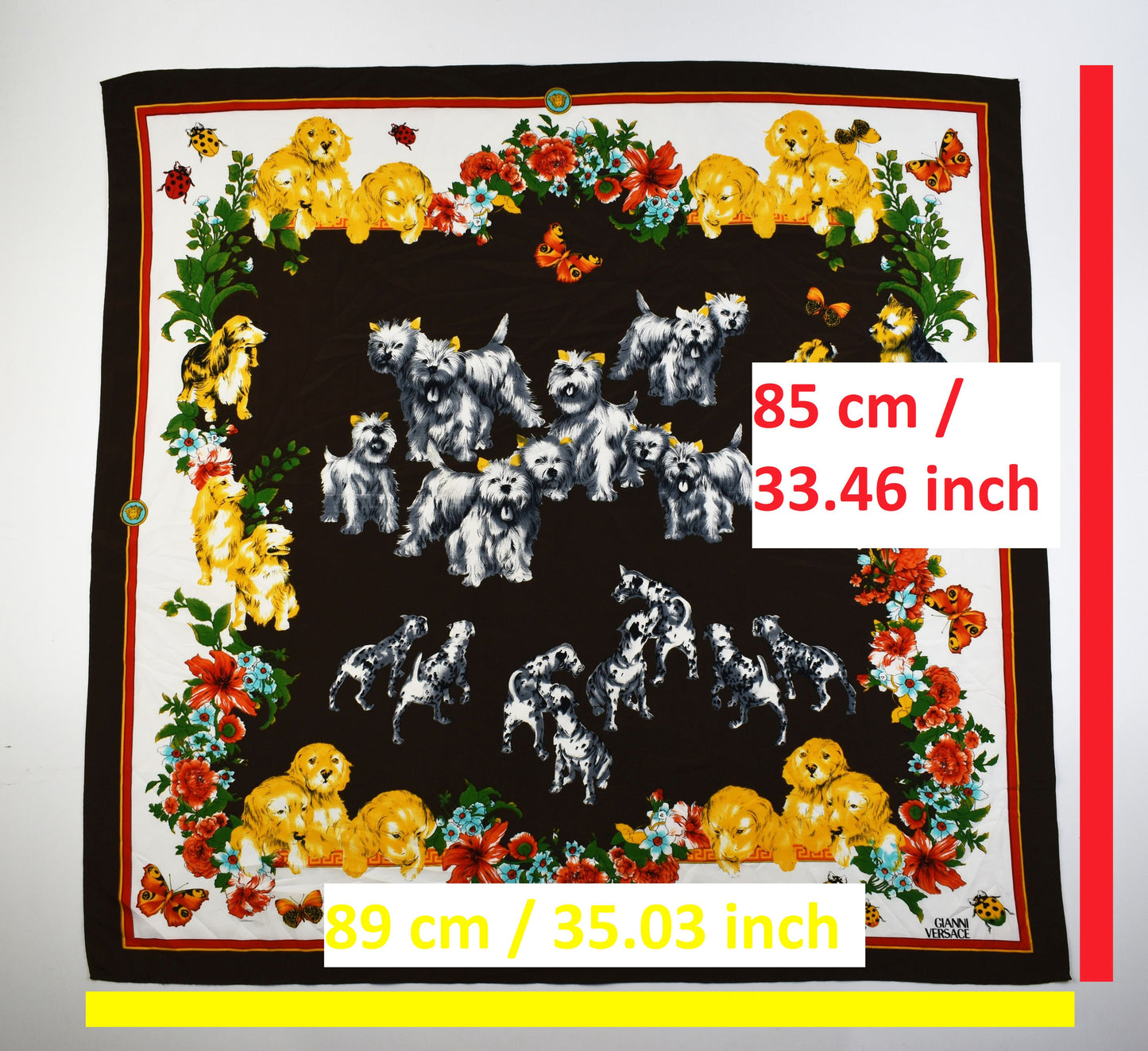 GIANNI VERSACE Puppy Garden 100% silk scarf Paris France, Excellent 9/10