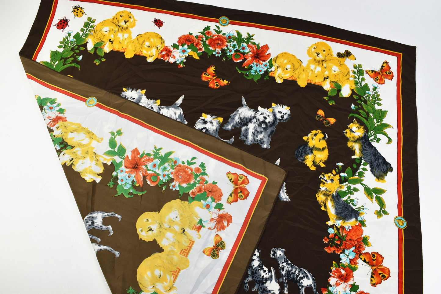 GIANNI VERSACE Puppy Garden 100% silk scarf Paris France, Excellent 9/10