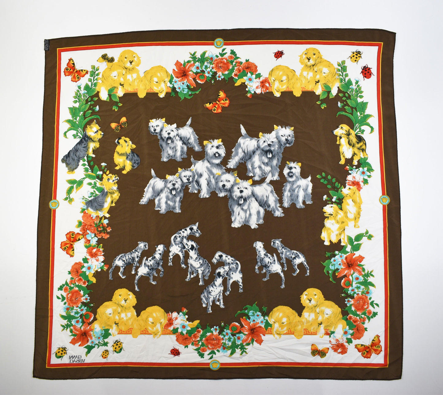 GIANNI VERSACE Puppy Garden 100% silk scarf Paris France, Excellent 9/10