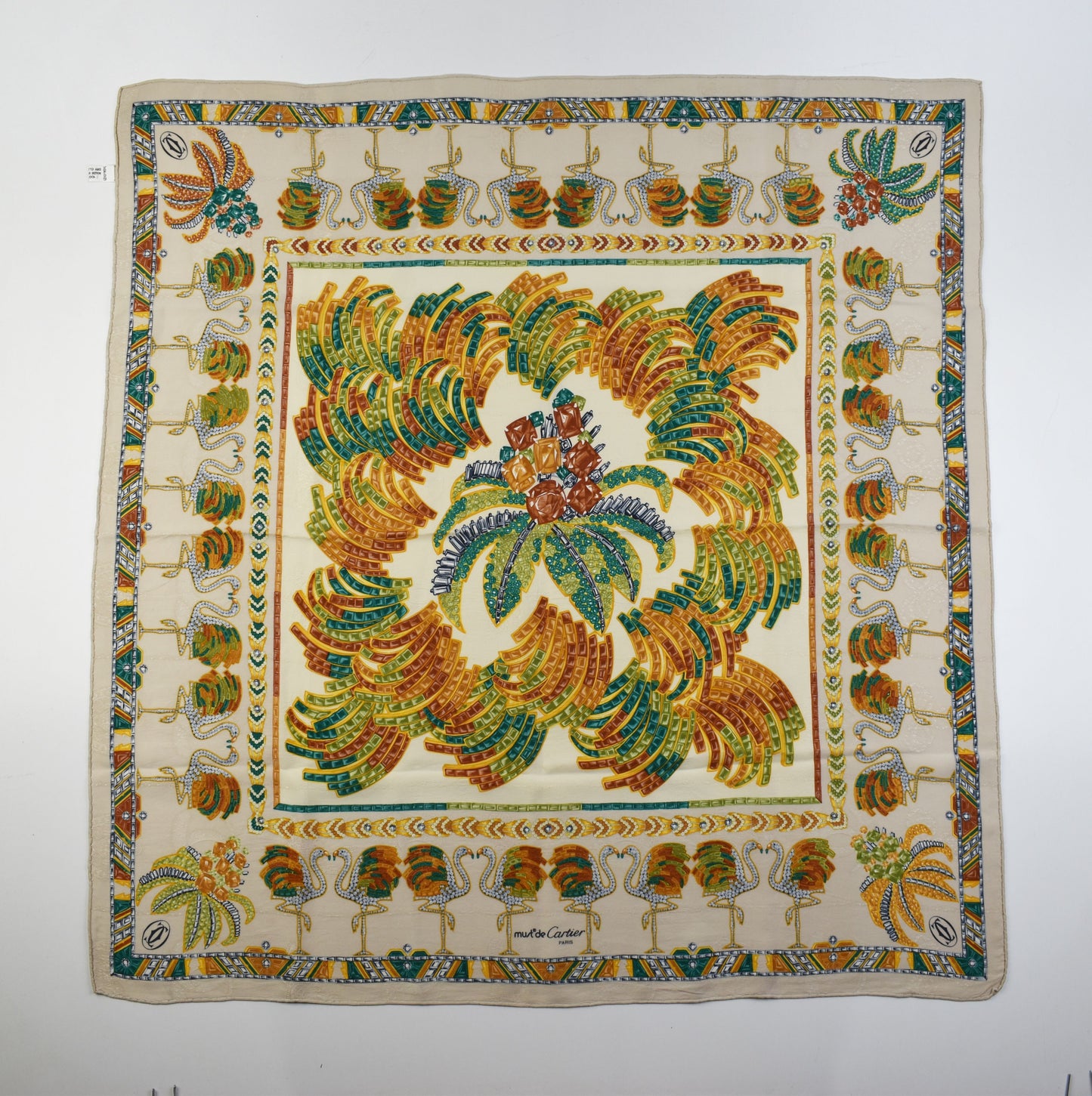 Cartier Silk Scarf Flamingos and Palm Trees Design 84cmx81cm France, Excellent 9/10