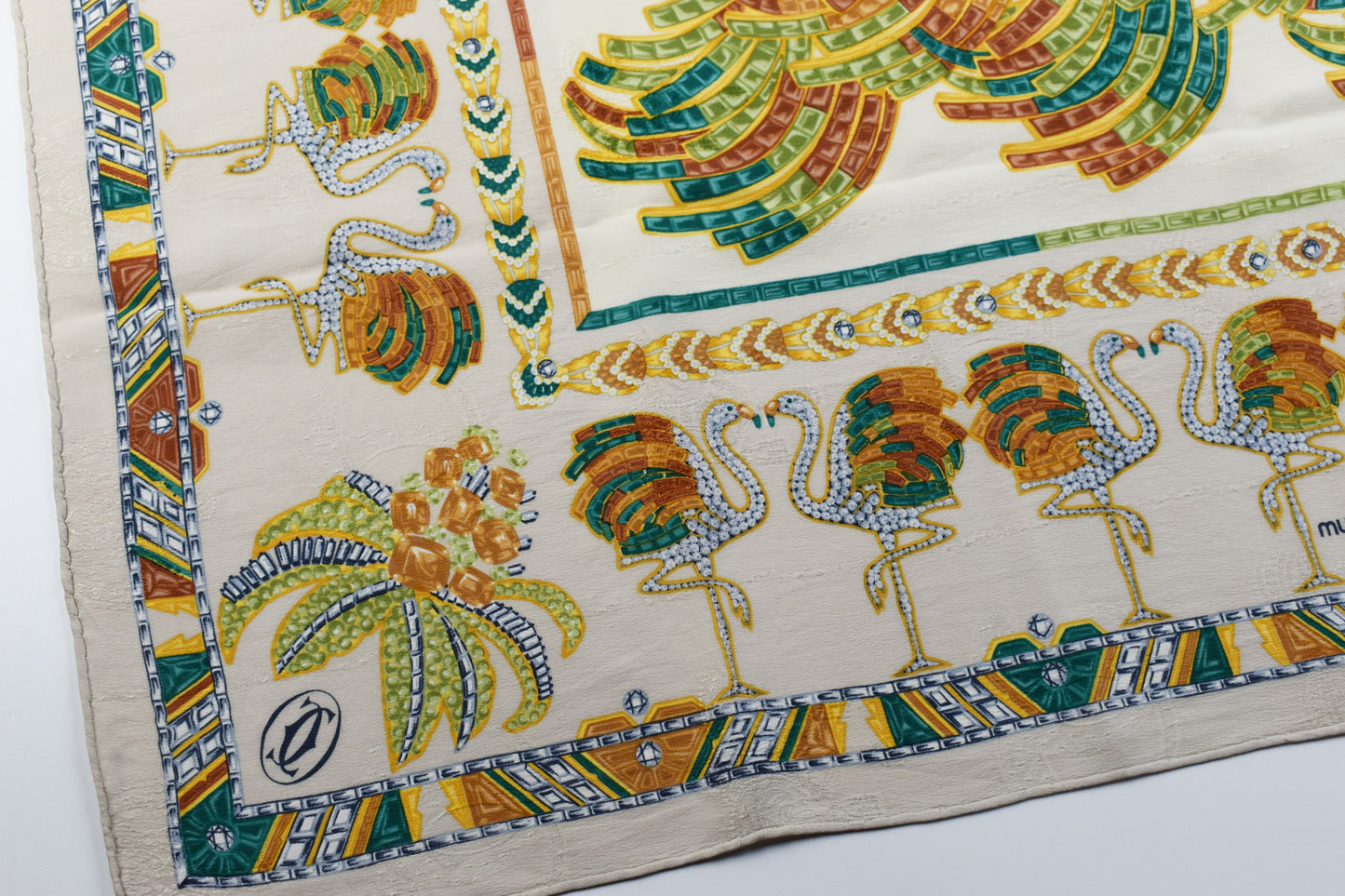 Cartier Silk Scarf Flamingos and Palm Trees Design 84cmx81cm France, Excellent 9/10