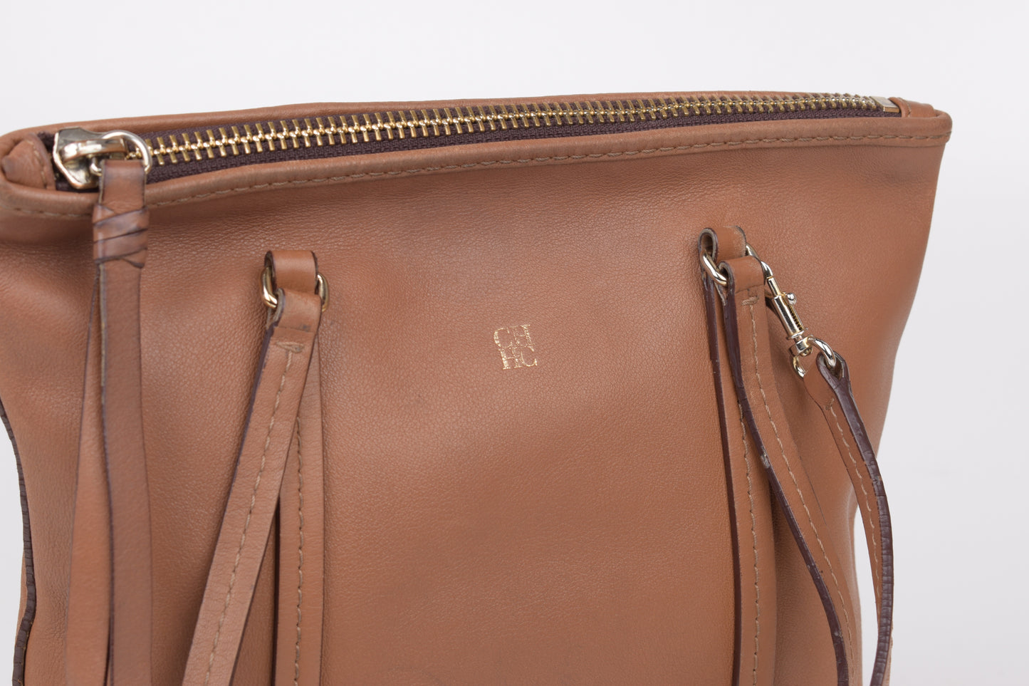 * Carolina Herrera Brown Leather Top Zip Tote Bag, Made In Spain, 20x24cm, V.Good 7/10