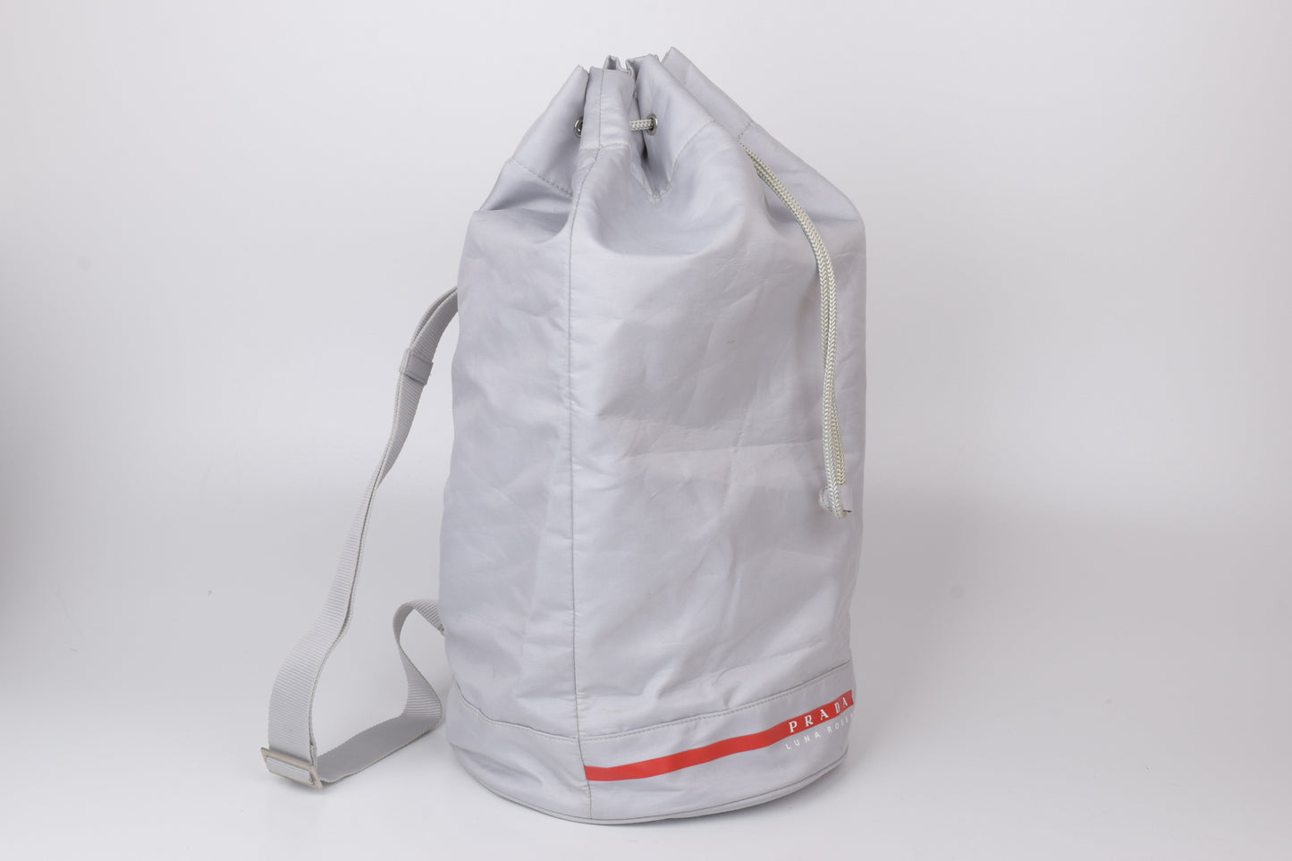 * Prada Luna Rossa Gray Crossbody Drawstring Sling Bag, 24x50cm, V.Good 8/10