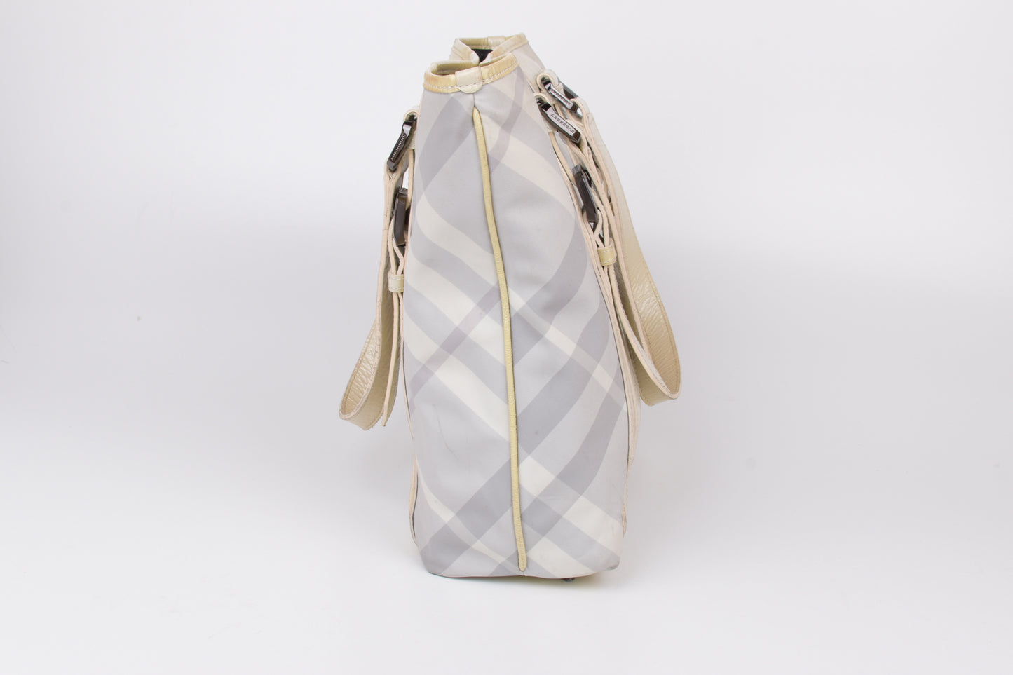 * Burberry White Beat Check Nylon Victoria Tote Bag, Made in Italy, 27x30cm, Good 6/10