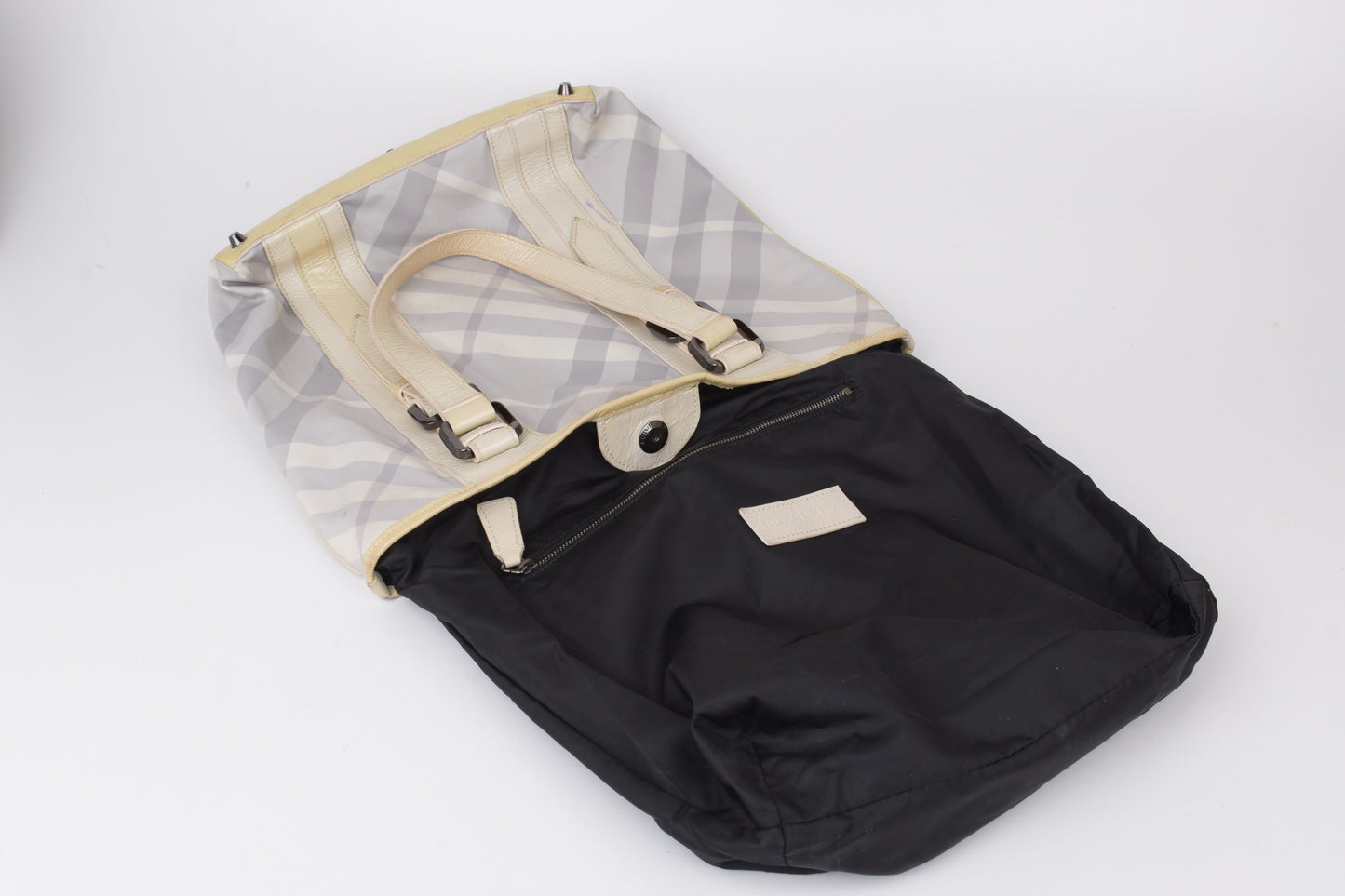 * Burberry White Beat Check Nylon Victoria Tote Bag, Made in Italy, 27x30cm, Good 6/10