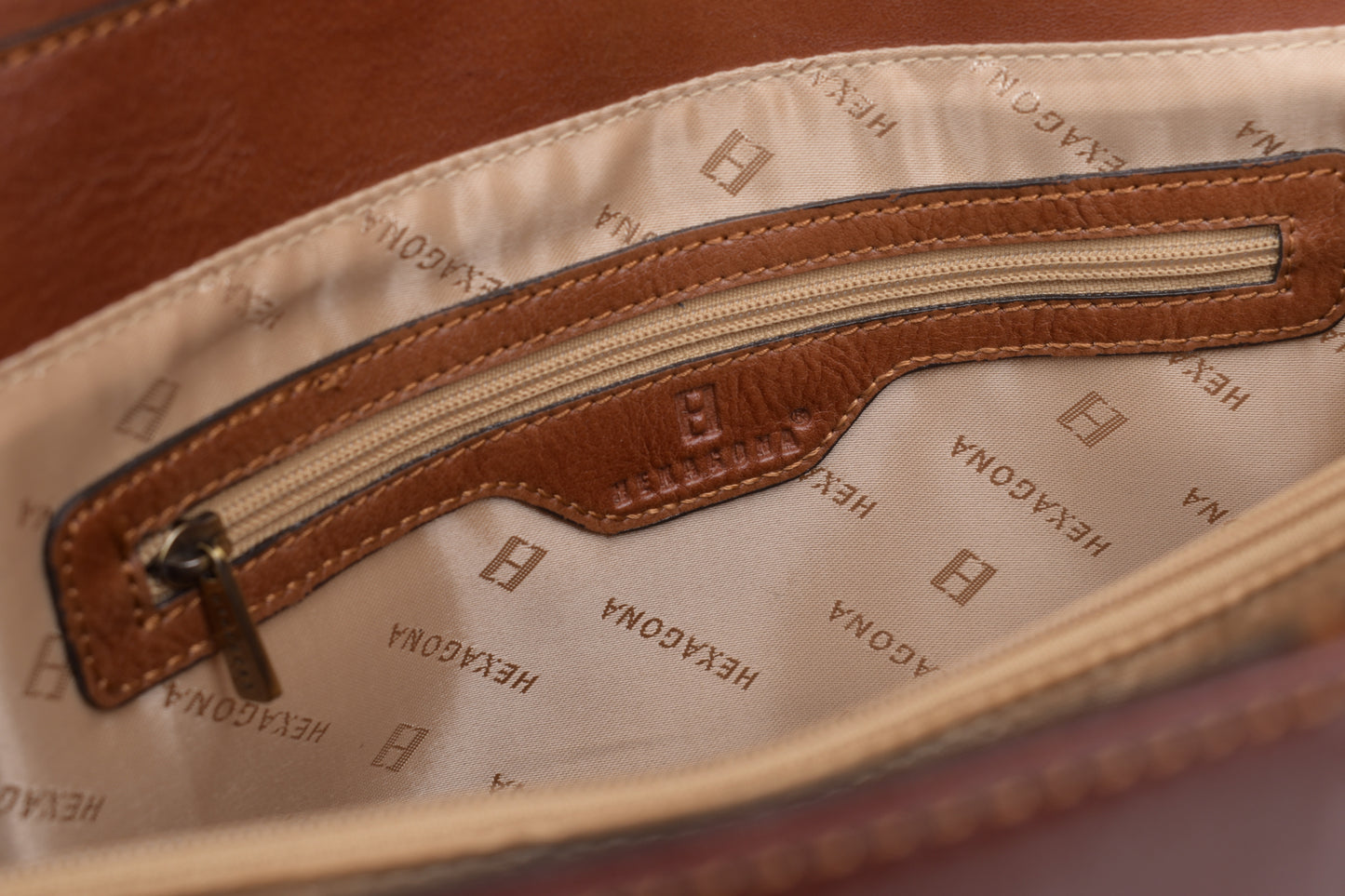 * Hexagona Brown Leather Bag, 36x25cm, Excellent 9/10