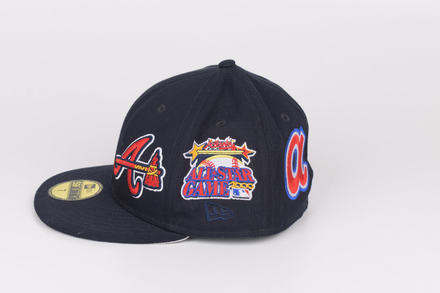 * Navy Blue Atlanta Braves Team Patch Pride New Era 59fifty Cap Hat, Size 7 55,8cm Excellent 9/10