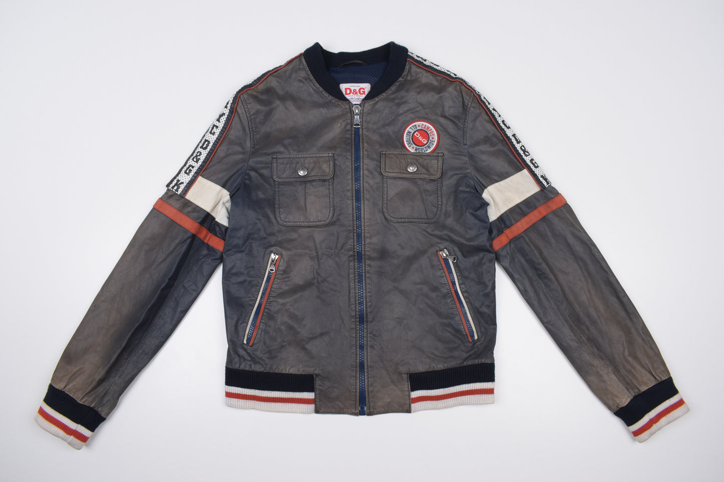 * Dolce & Gabbana Perforated Leather Logo Spellout Leather Bomber Jacket, Size 48 M, Good 6/10 *
