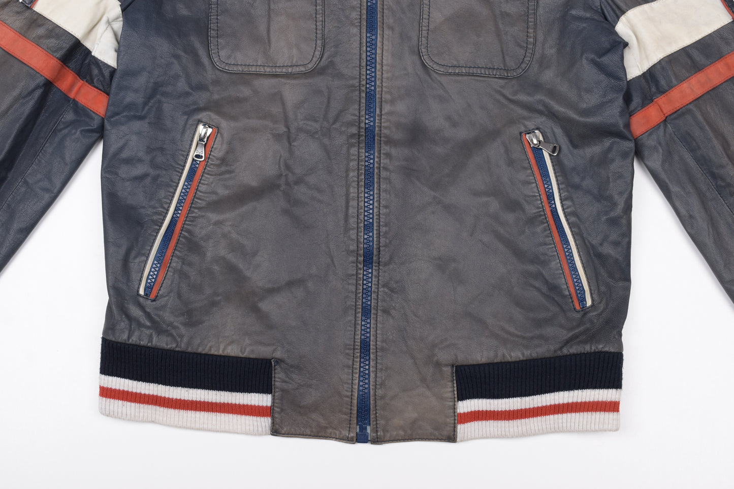* Dolce & Gabbana Perforated Leather Logo Spellout Leather Bomber Jacket, Size 48 M, Good 6/10 *