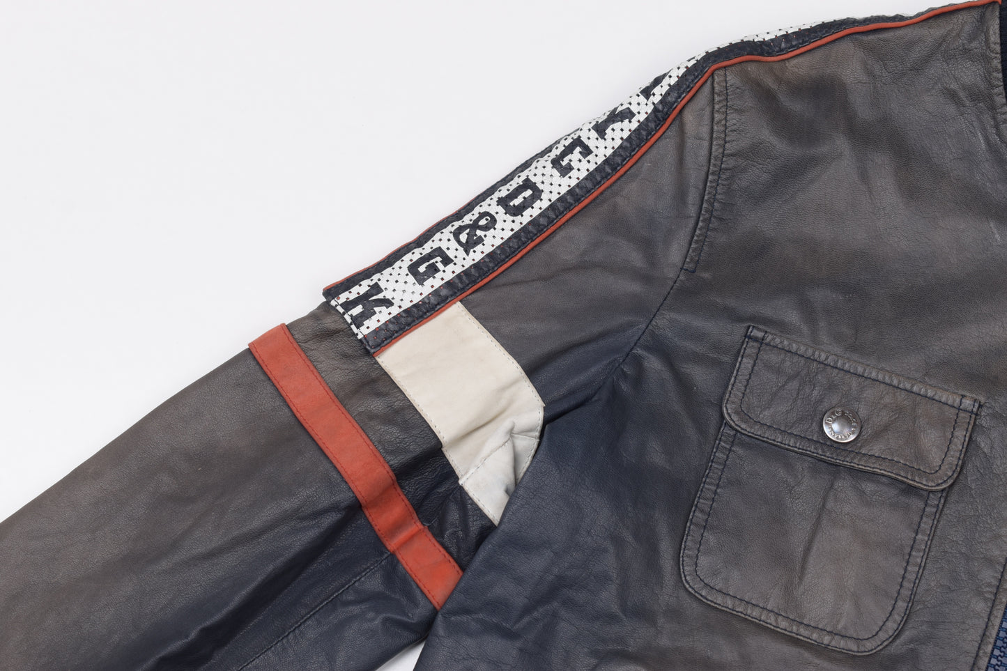 * Dolce & Gabbana Perforated Leather Logo Spellout Leather Bomber Jacket, Size 48 M, Good 6/10 *