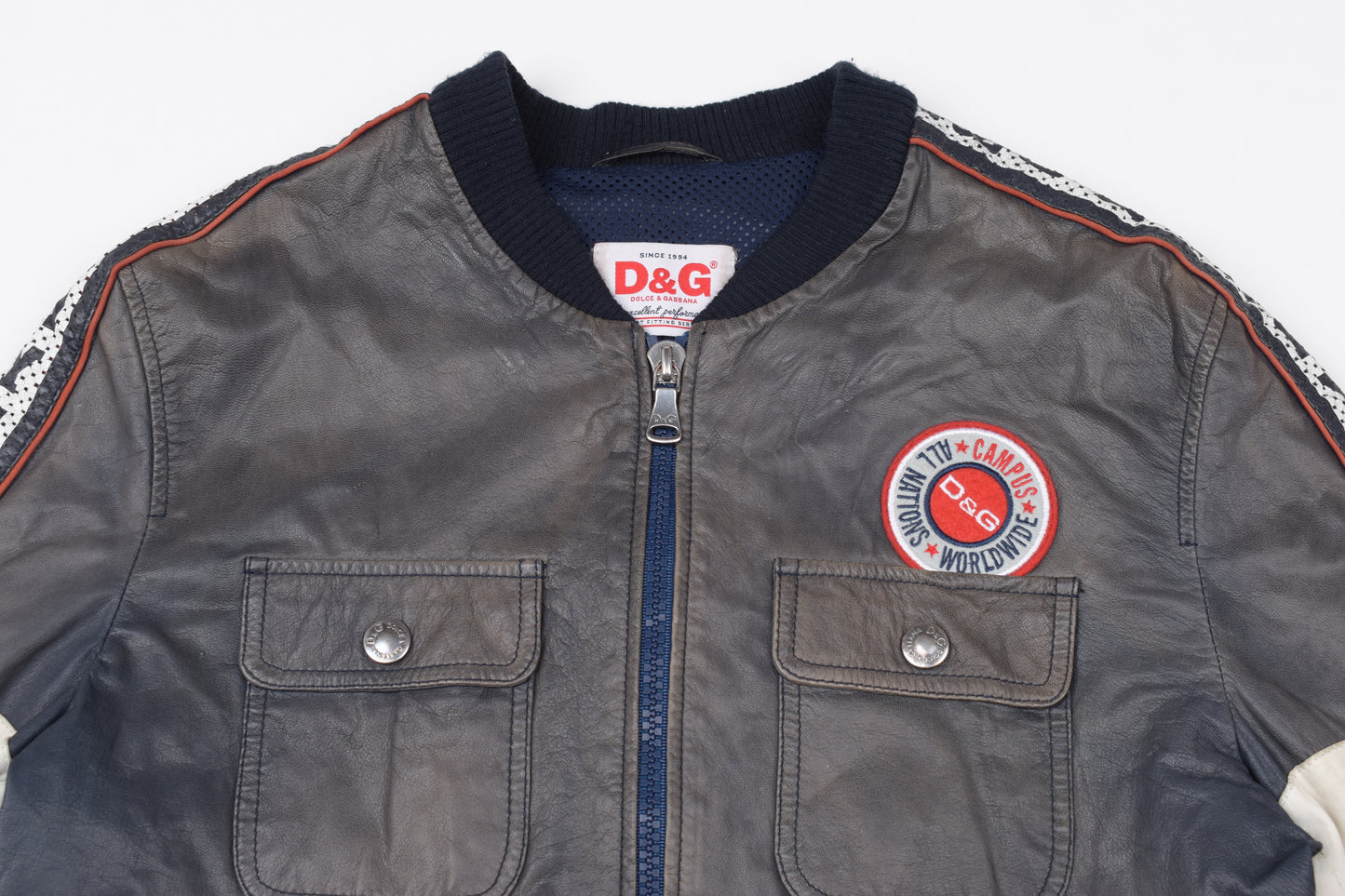 * Dolce & Gabbana Perforated Leather Logo Spellout Leather Bomber Jacket, Size 48 M, Good 6/10 *