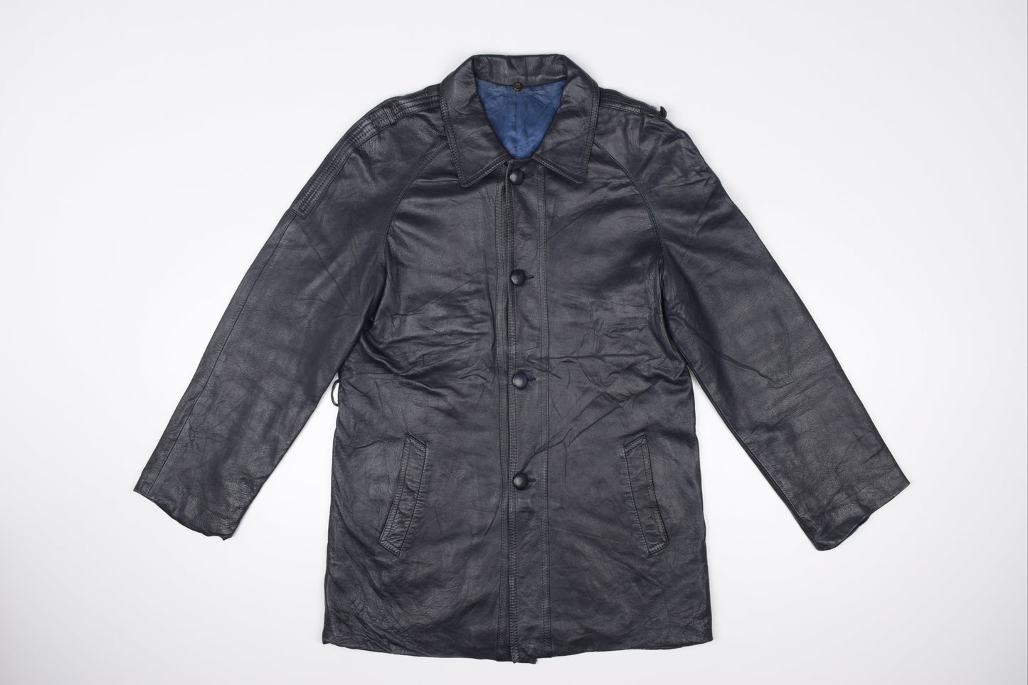* Vintage Lavabre Cadet France Blue Navy Leather Coat, Size 44 L, Good 6/10 *