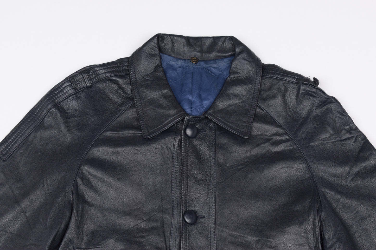 * Vintage Lavabre Cadet France Blue Navy Leather Coat, Size 44 L, Good 6/10 *