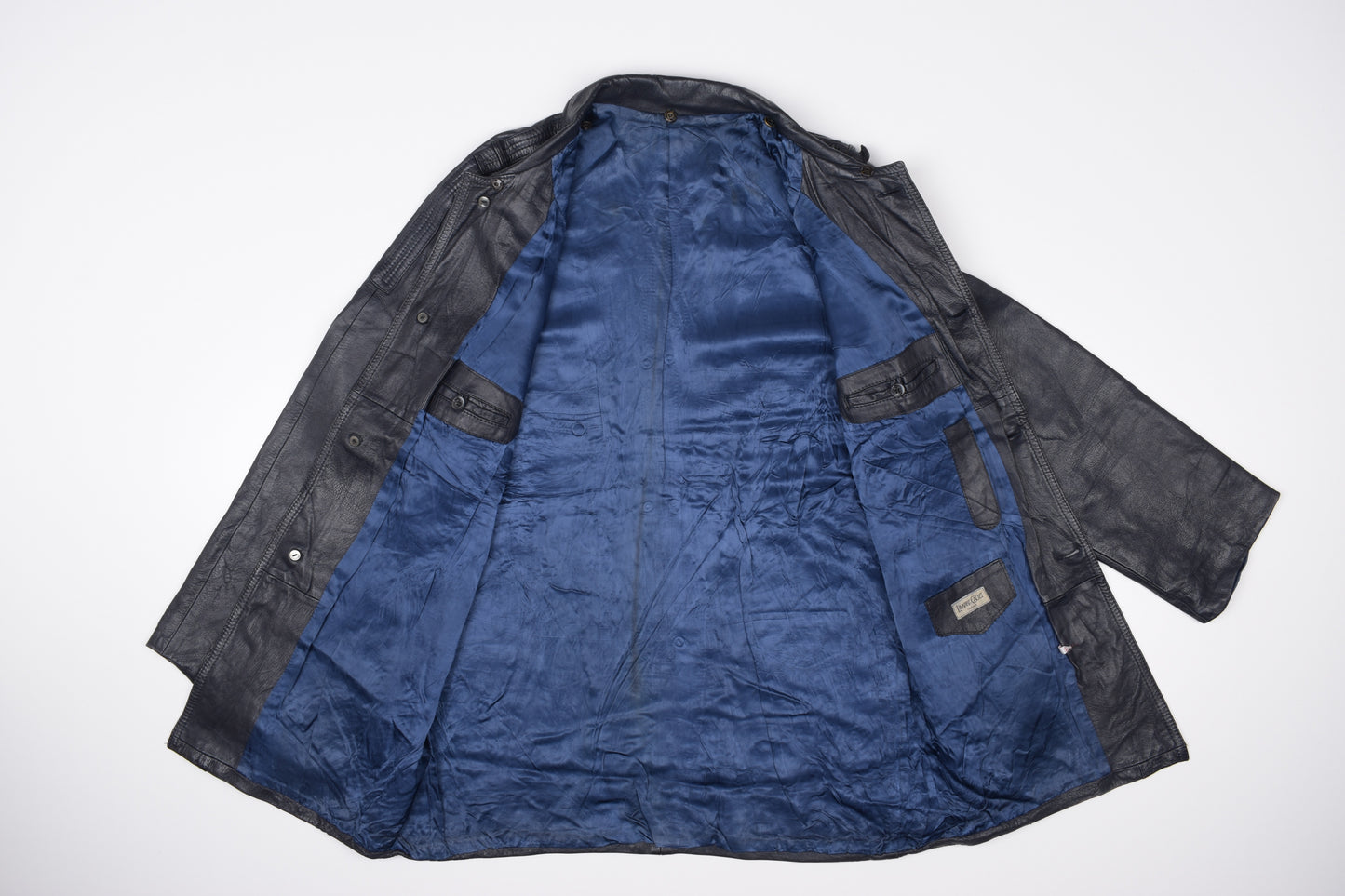 * Vintage Lavabre Cadet France Blue Navy Leather Coat, Size 44 L, Good 6/10 *
