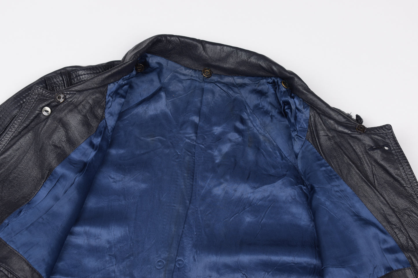 * Vintage Lavabre Cadet France Blue Navy Leather Coat, Size 44 L, Good 6/10 *