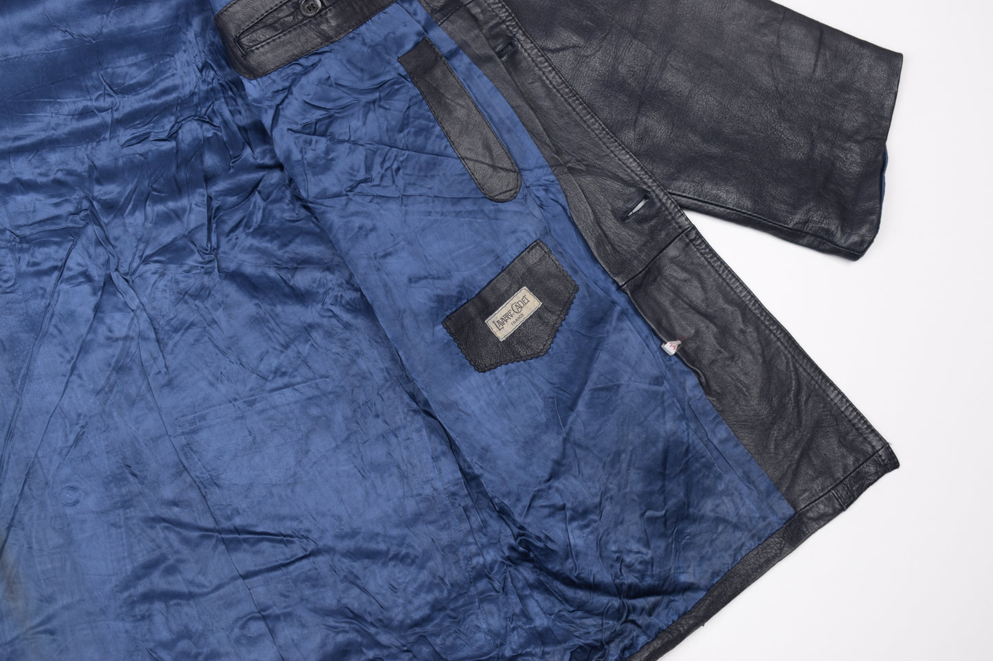 * Vintage Lavabre Cadet France Blue Navy Leather Coat, Size 44 L, Good 6/10 *