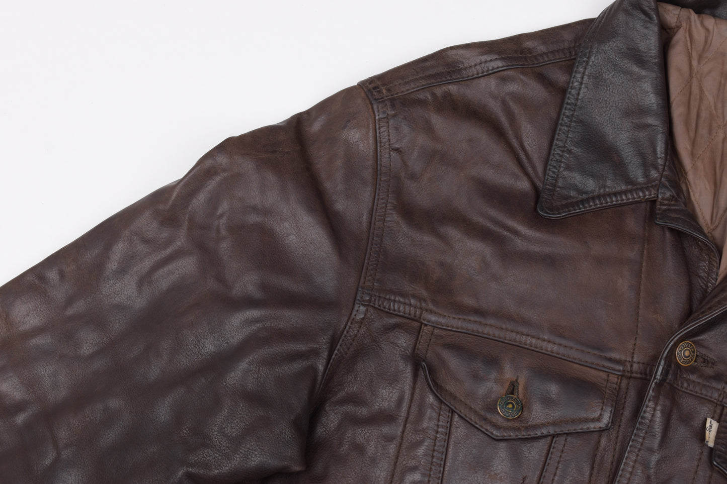 * Vintage 80s Levi's White Tab Brown Leather Type 3 Trucker Jacket Size L, V.Good 7/10 *
