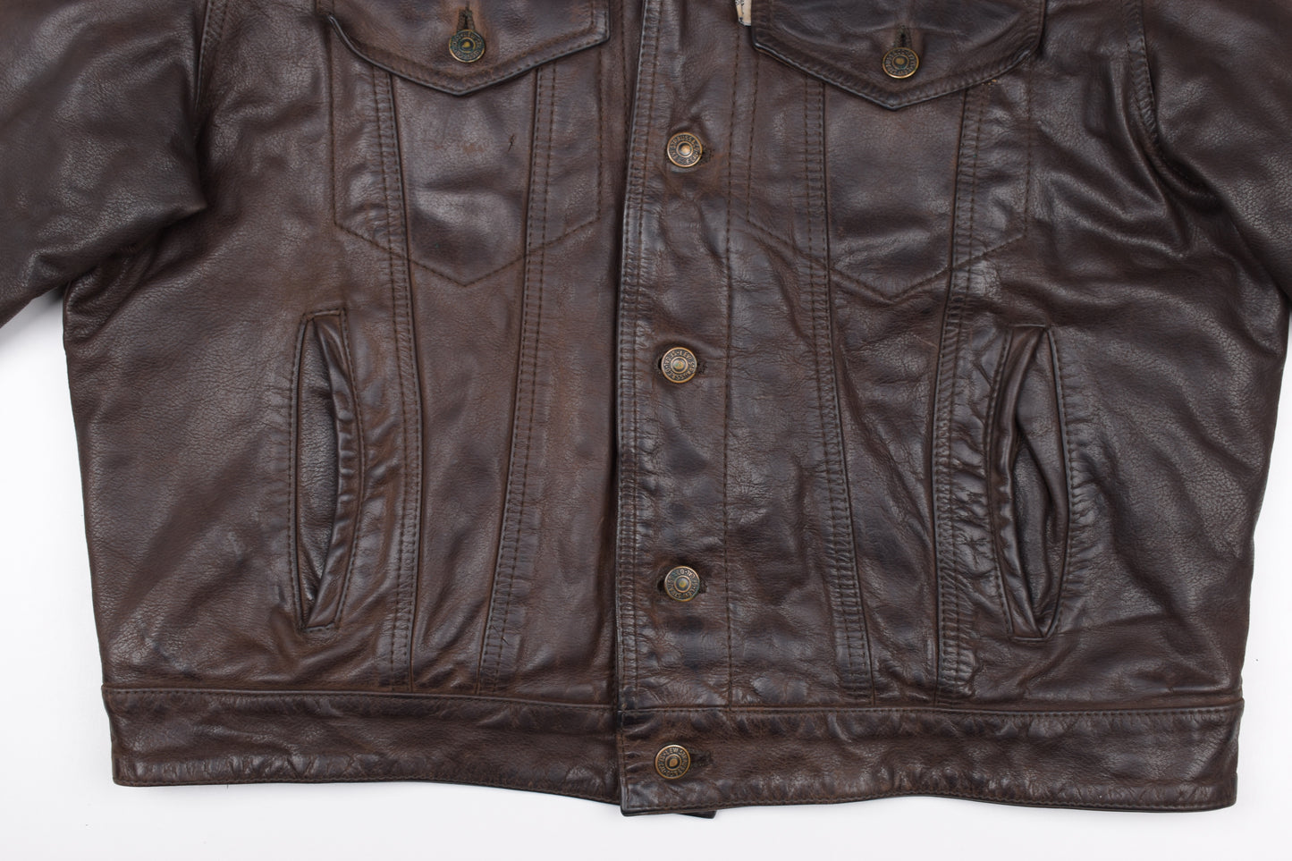 * Vintage 80s Levi's White Tab Brown Leather Type 3 Trucker Jacket Size L, V.Good 7/10 *