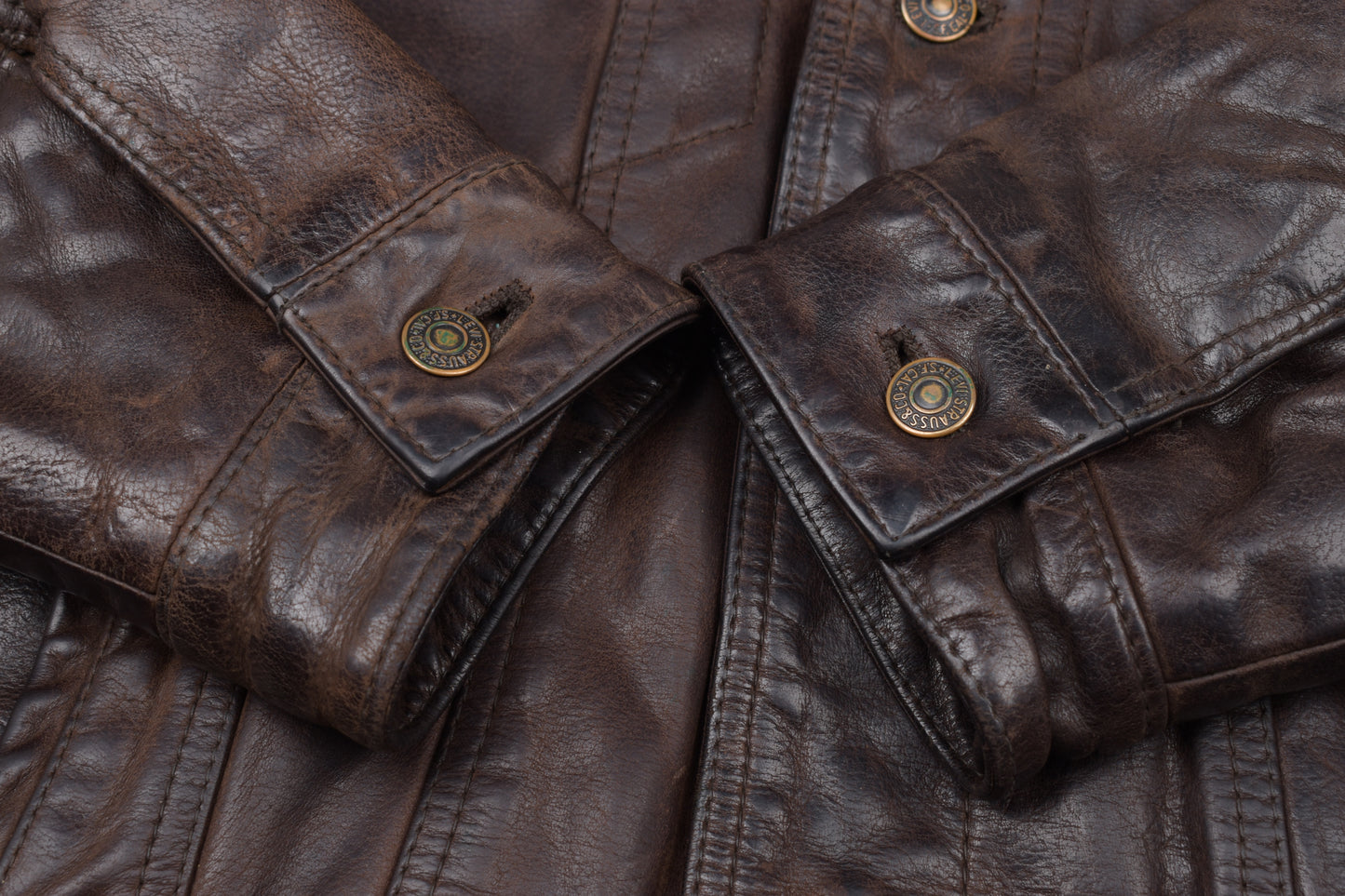 * Vintage 80s Levi's White Tab Brown Leather Type 3 Trucker Jacket Size L, V.Good 7/10 *