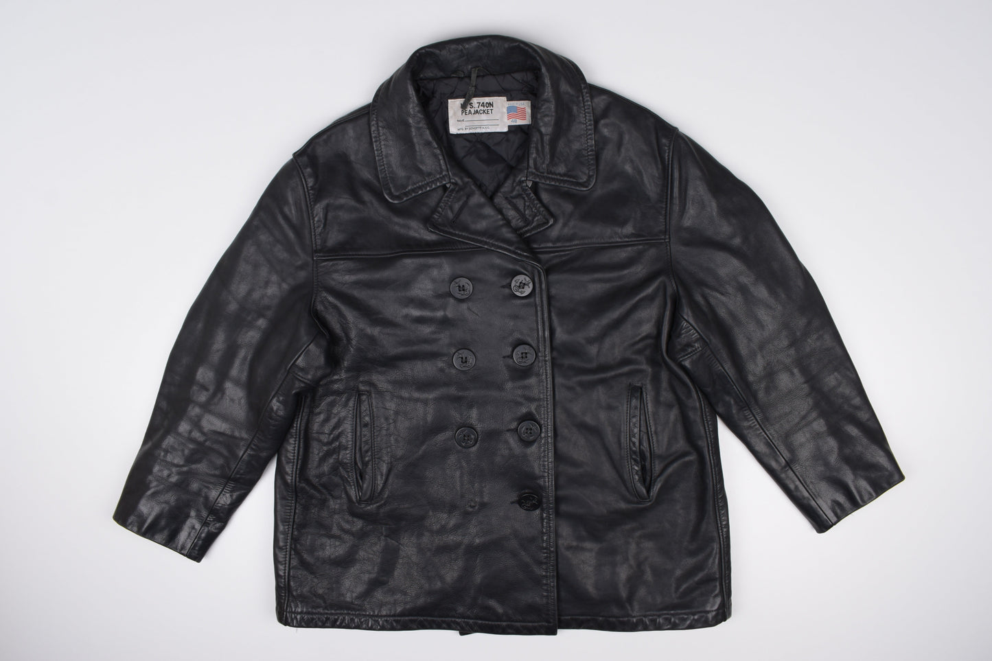 * VTG Schott US 740N Pea Coat Leather Jacket Black, Made In USA, Size 48 L, V.Good 8/10 *