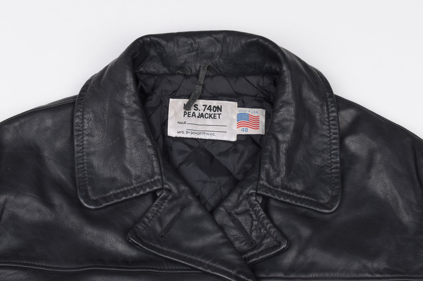 * VTG Schott US 740N Pea Coat Leather Jacket Black, Made In USA, Size 48 L, V.Good 8/10 *
