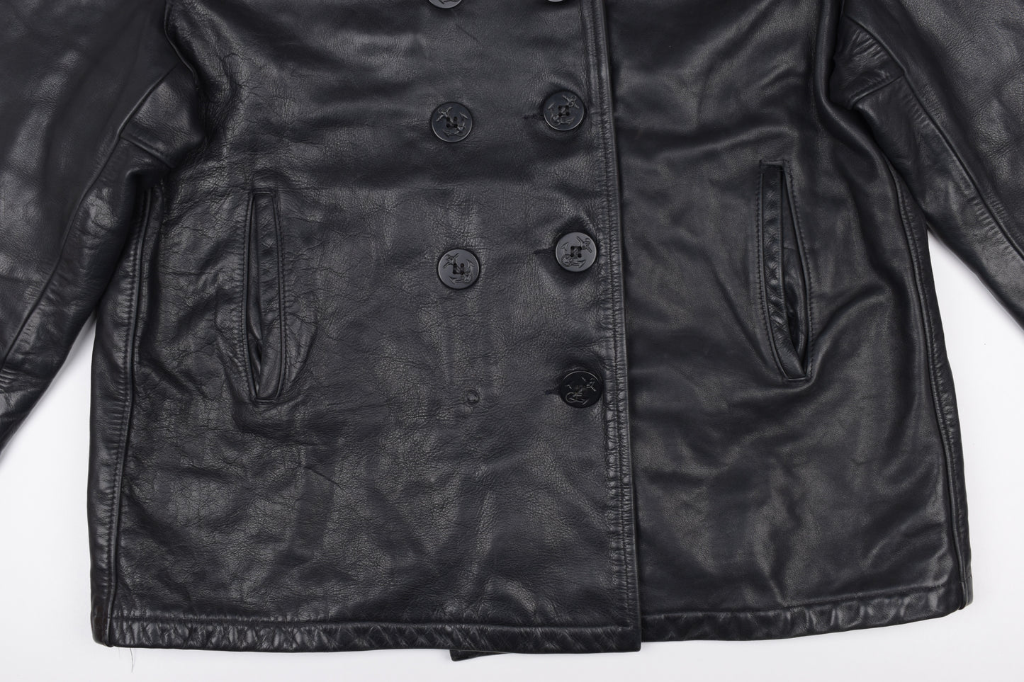 * VTG Schott US 740N Pea Coat Leather Jacket Black, Made In USA, Size 48 L, V.Good 8/10 *