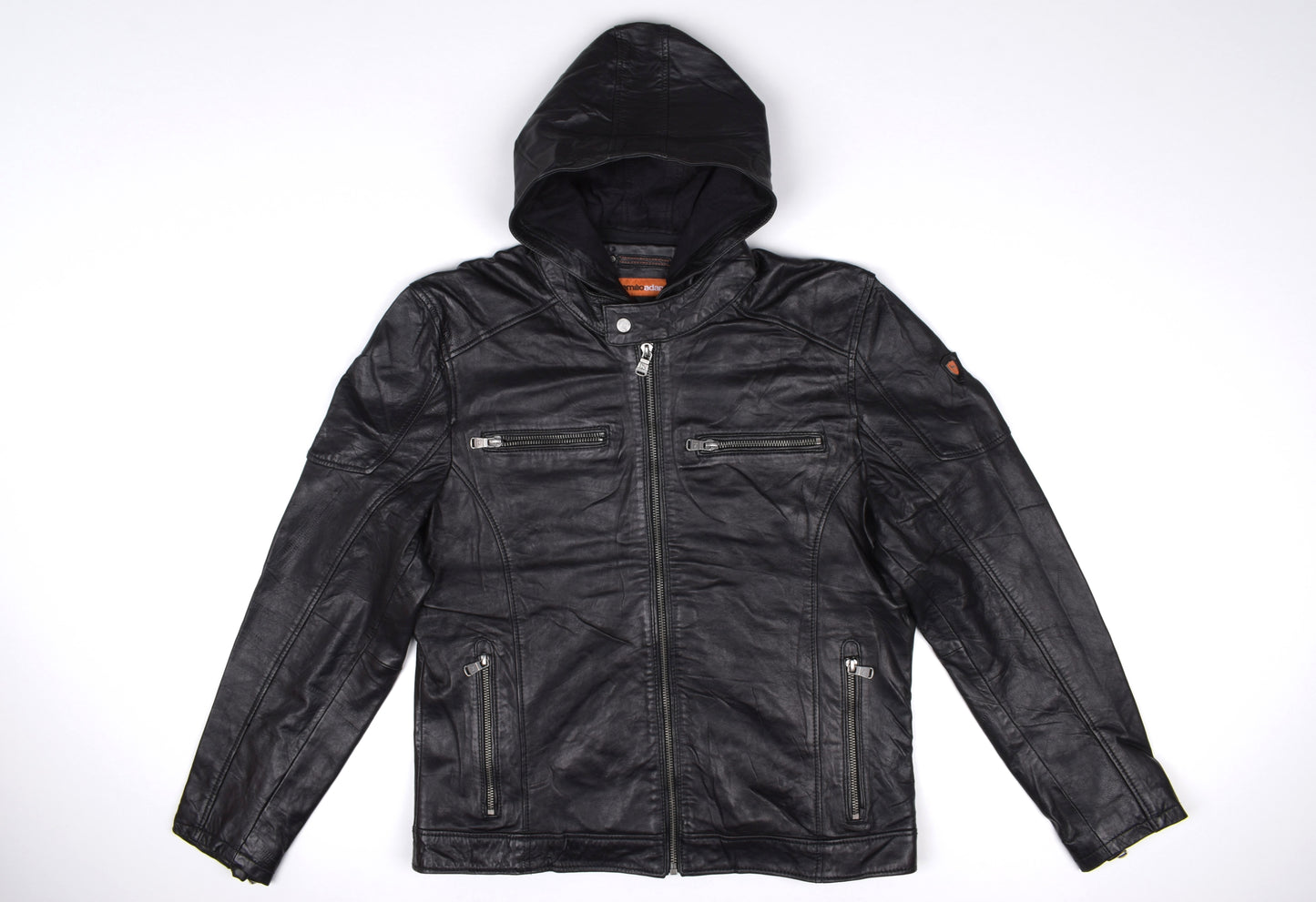 * Emilio Adani Mens Black Leather Hooded Jacket, Size 54 L, Excellent 9/10