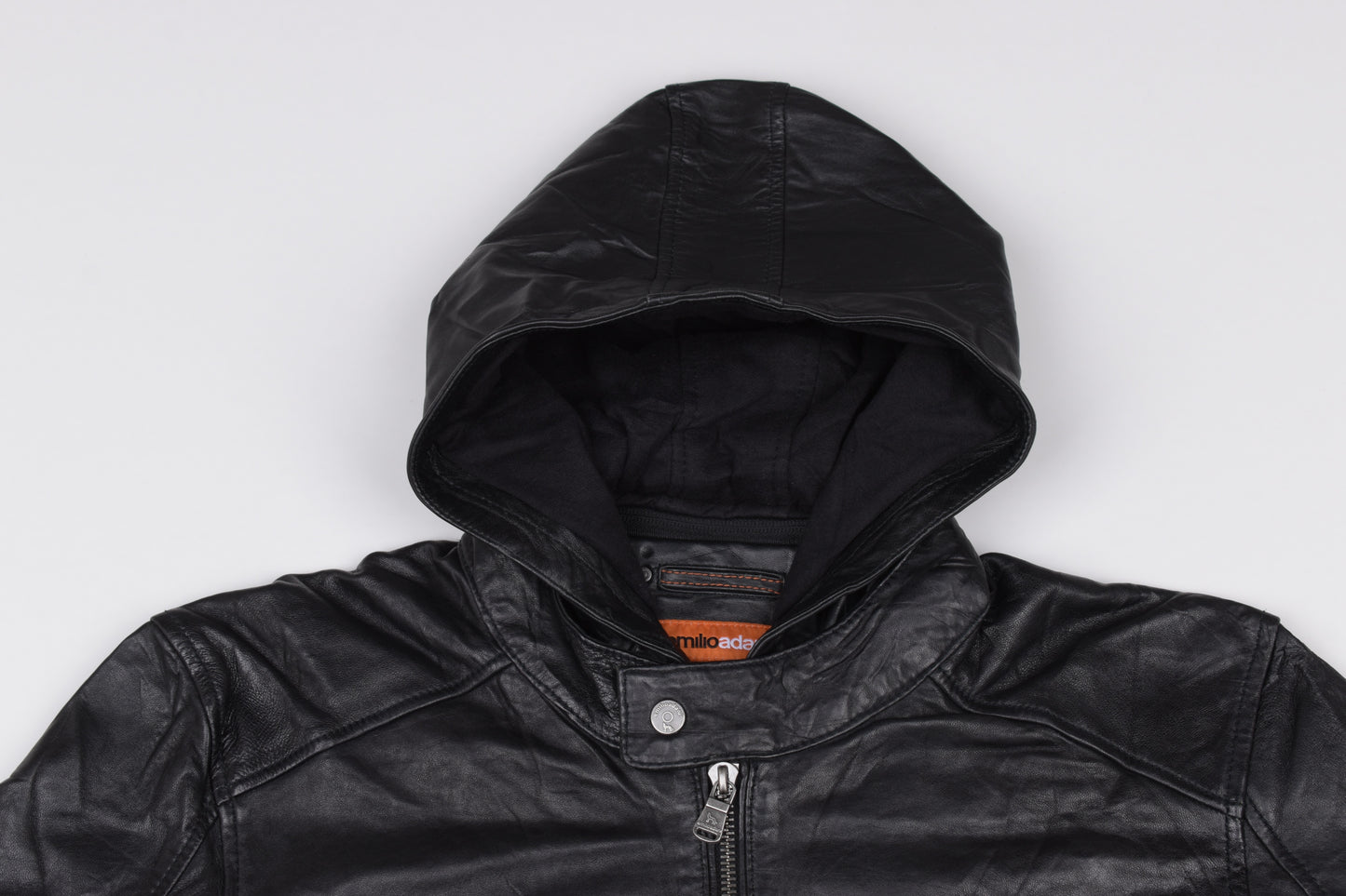 * Emilio Adani Mens Black Leather Hooded Jacket, Size 54 L, Excellent 9/10
